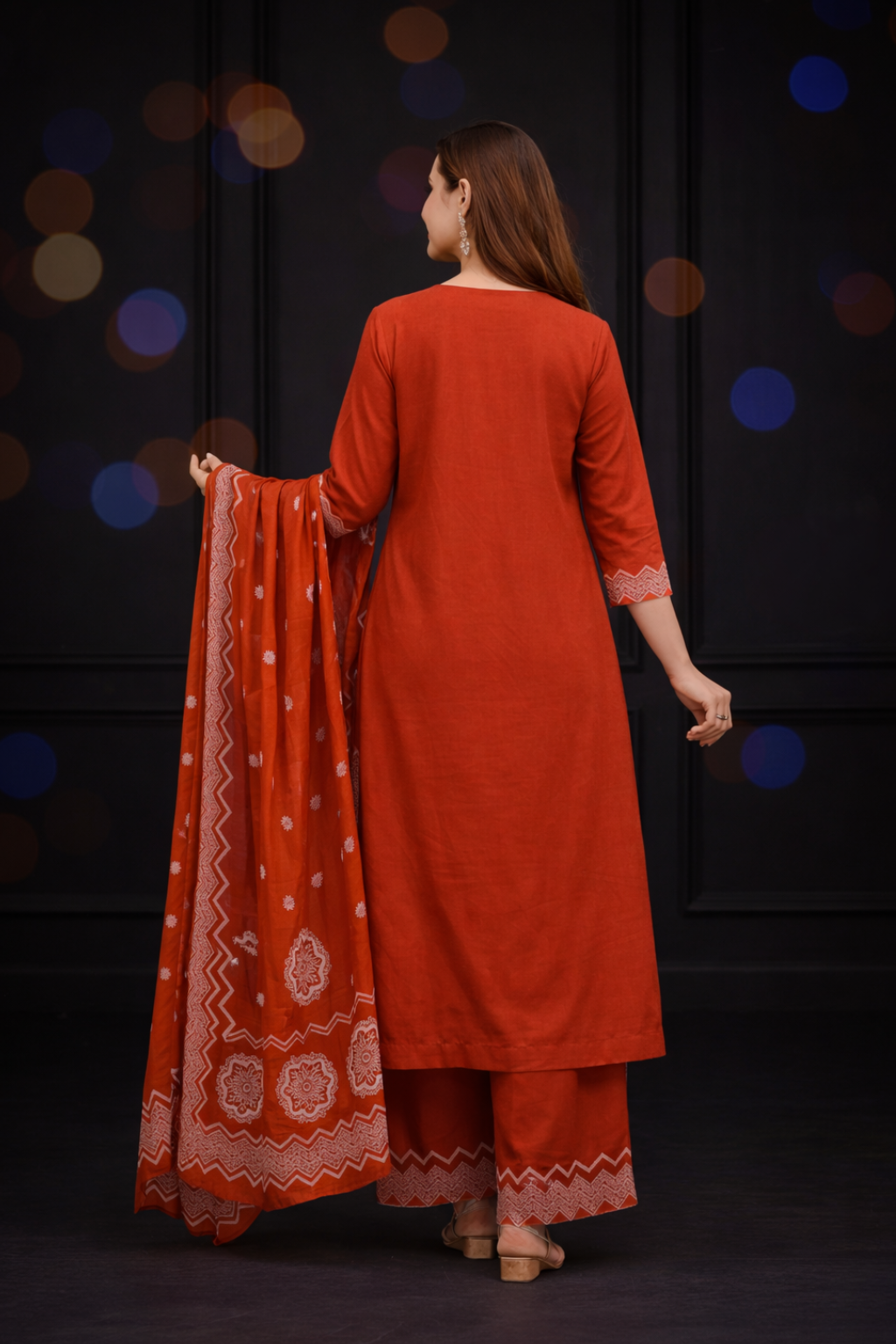 Spice Wardrobe Elegant Orange Printed Cotton Suit