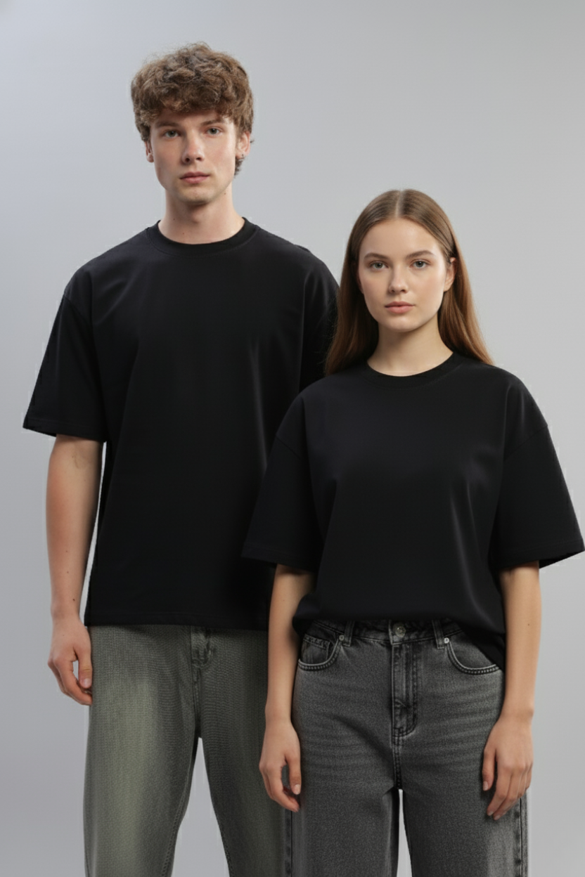 Spice Wardrobe Men Half Sleeve Oversized T-shirt, Round Neck Longline Drop Shoulder | Black Plain Relaxed Fit T-Shirt 100% Cotton 220 GSM Fabric