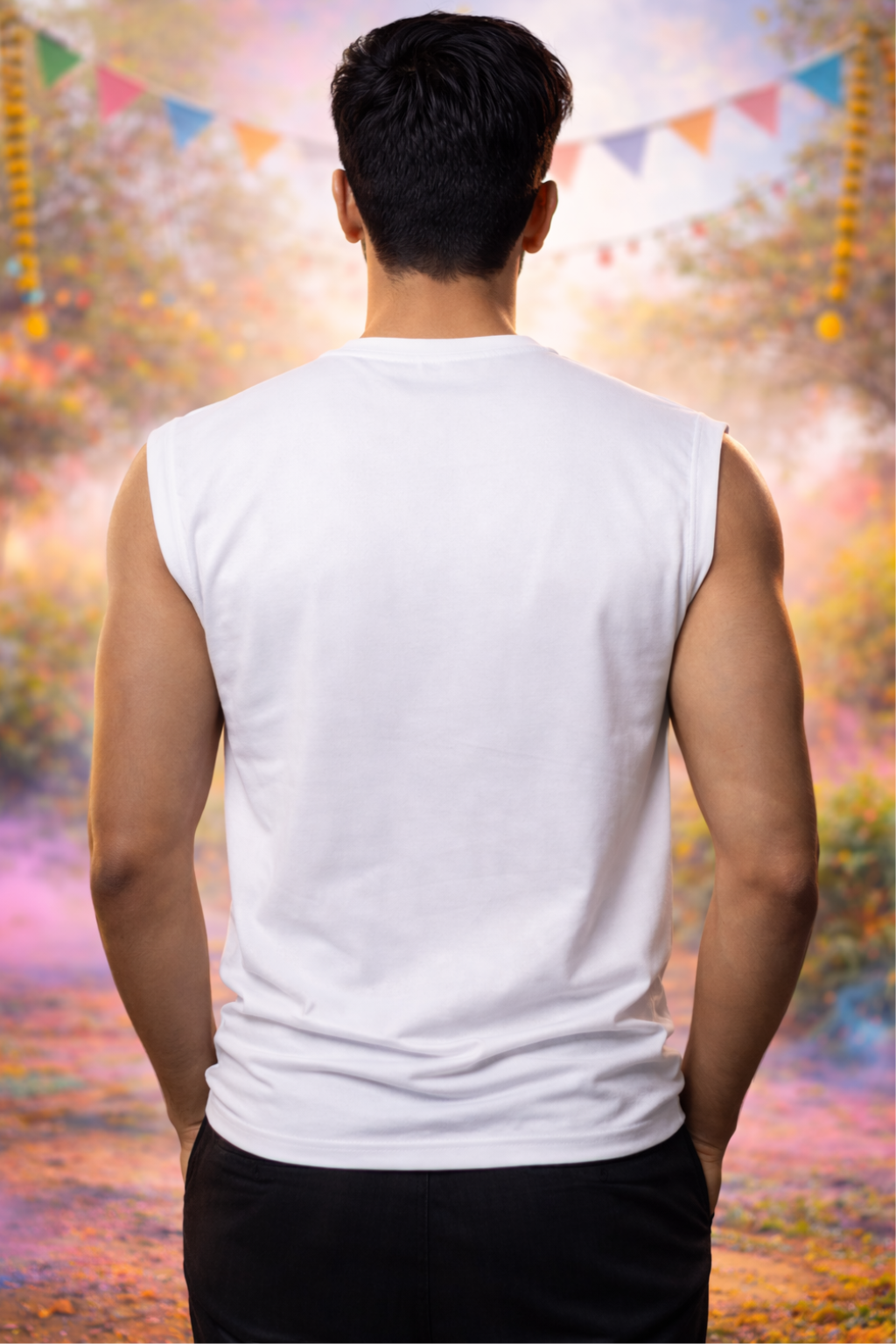 Holi Sleeveless Nylon T-Shirt for Men, White, Colorful Splash Print, Festival Wear