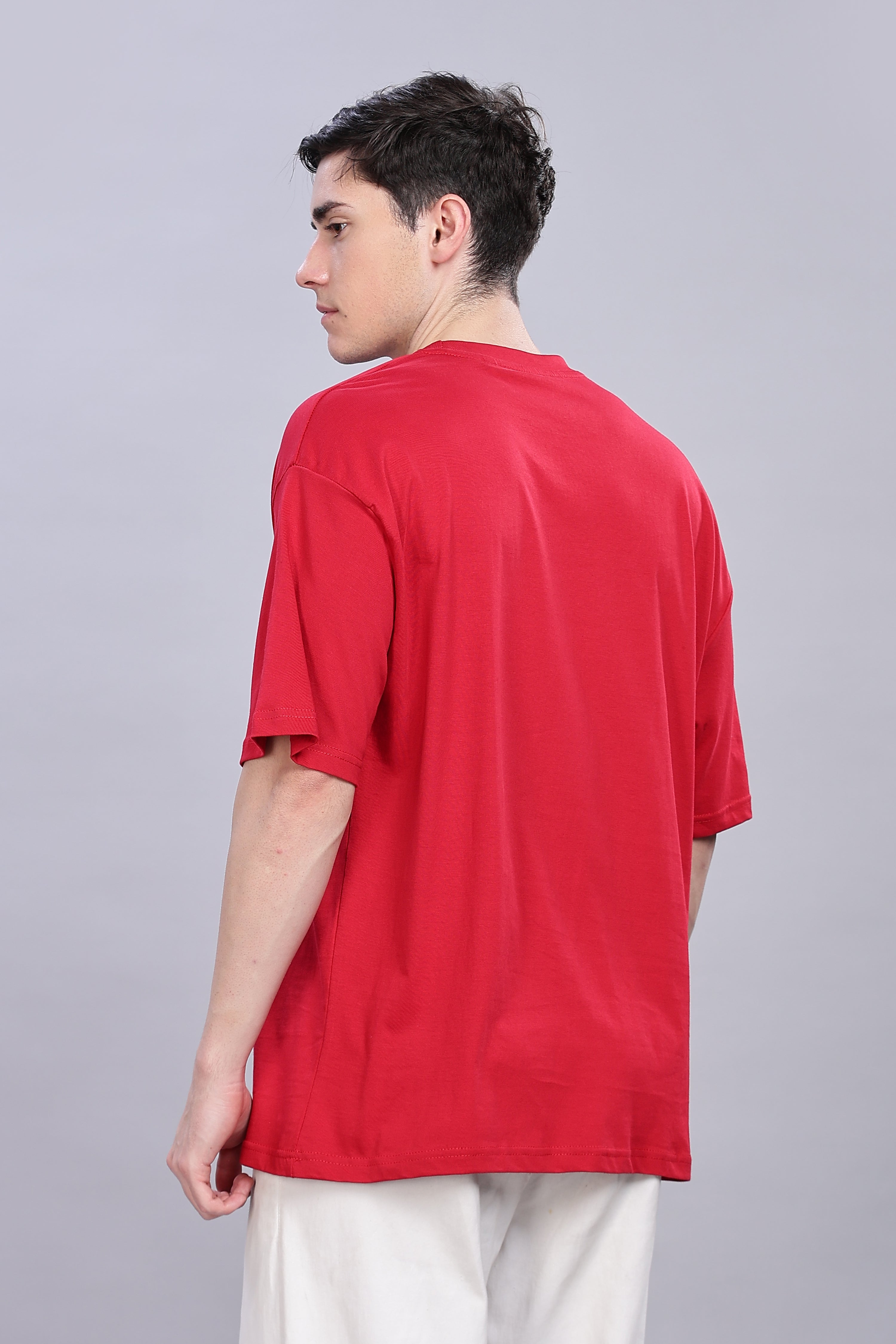 Spice Wardrobe Men Half Sleeve  Oversized T-shirt, Round Neck Longline Drop Shoulder | Red Printed Relaxed Fit T-Shirt Cotton 180 GSM Fabric