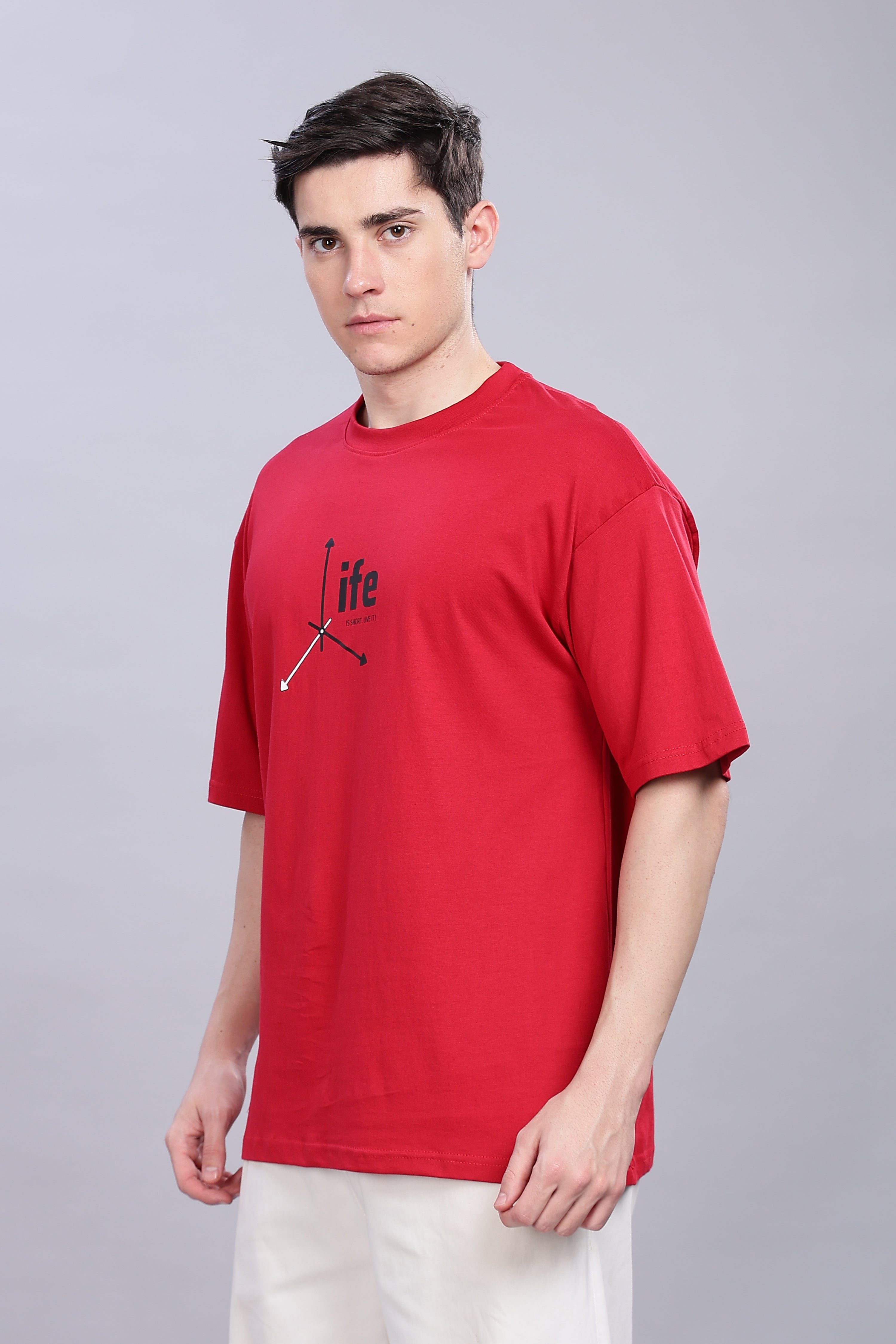 Spice Wardrobe Men Half Sleeve  Oversized T-shirt, Round Neck Longline Drop Shoulder | Red Printed Relaxed Fit T-Shirt Cotton 180 GSM Fabric