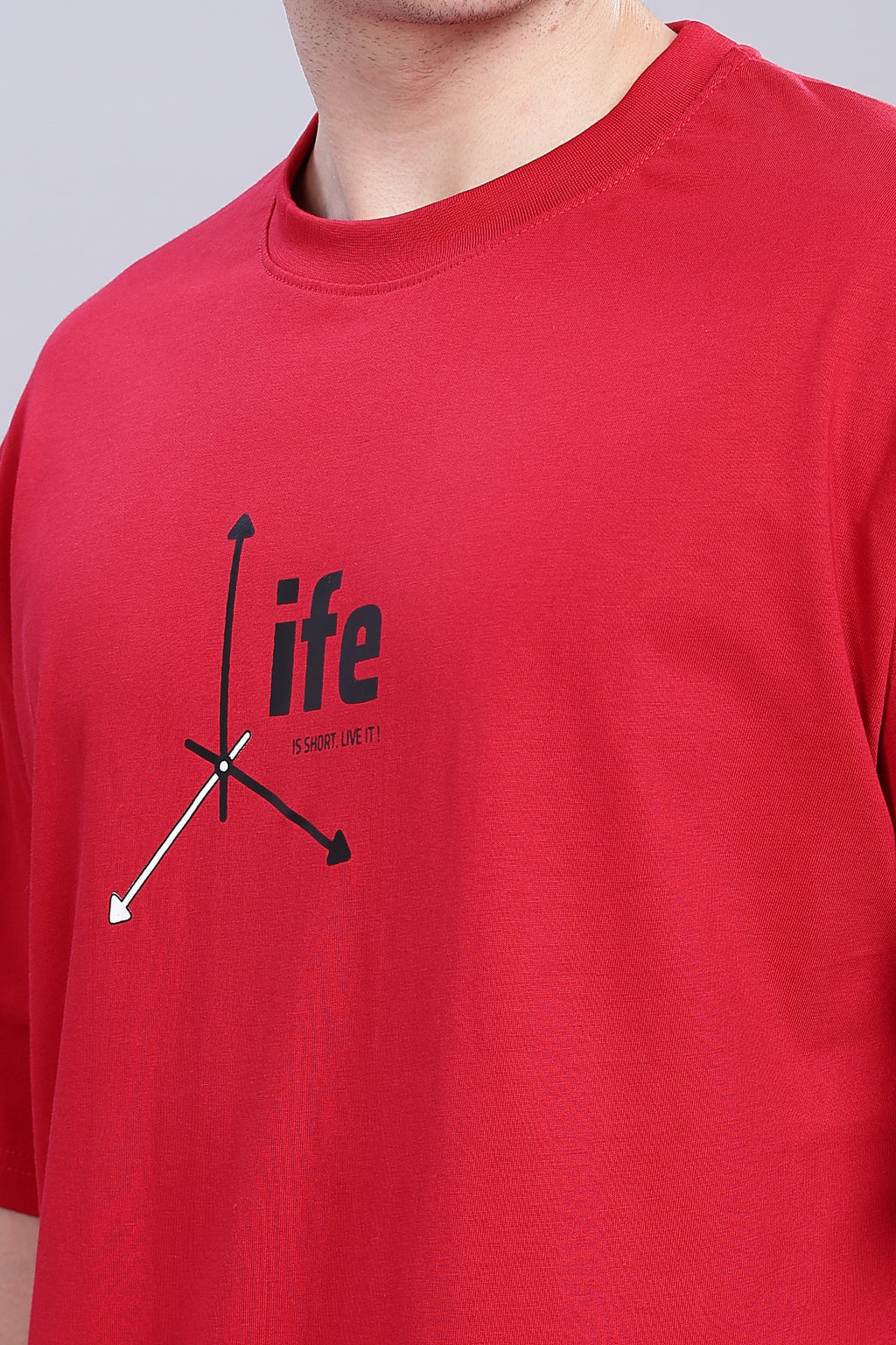 Spice Wardrobe Men Half Sleeve  Oversized T-shirt, Round Neck Longline Drop Shoulder | Red Printed Relaxed Fit T-Shirt Cotton 180 GSM Fabric