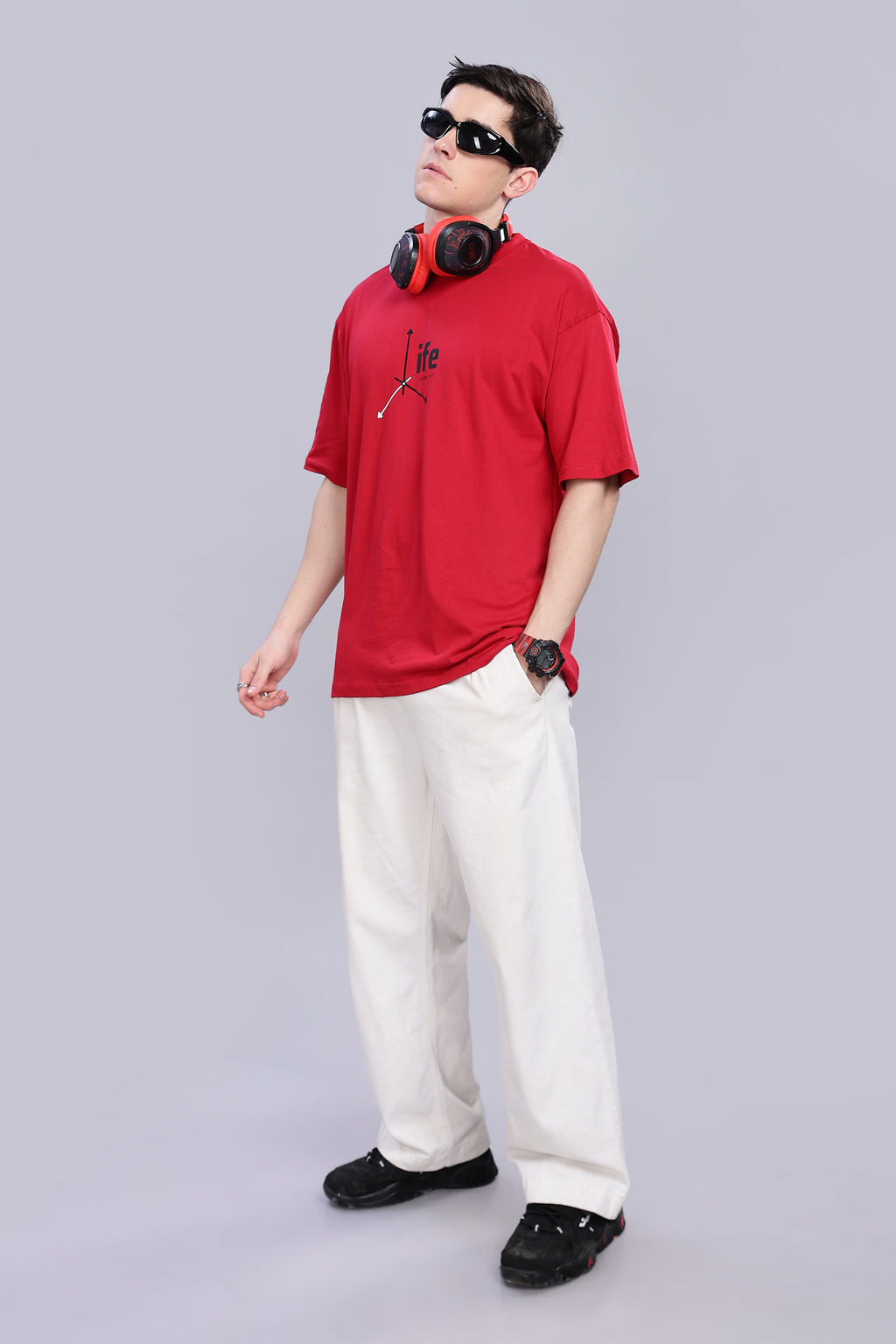 Spice Wardrobe Men Half Sleeve  Oversized T-shirt, Round Neck Longline Drop Shoulder | Red Printed Relaxed Fit T-Shirt Cotton 180 GSM Fabric