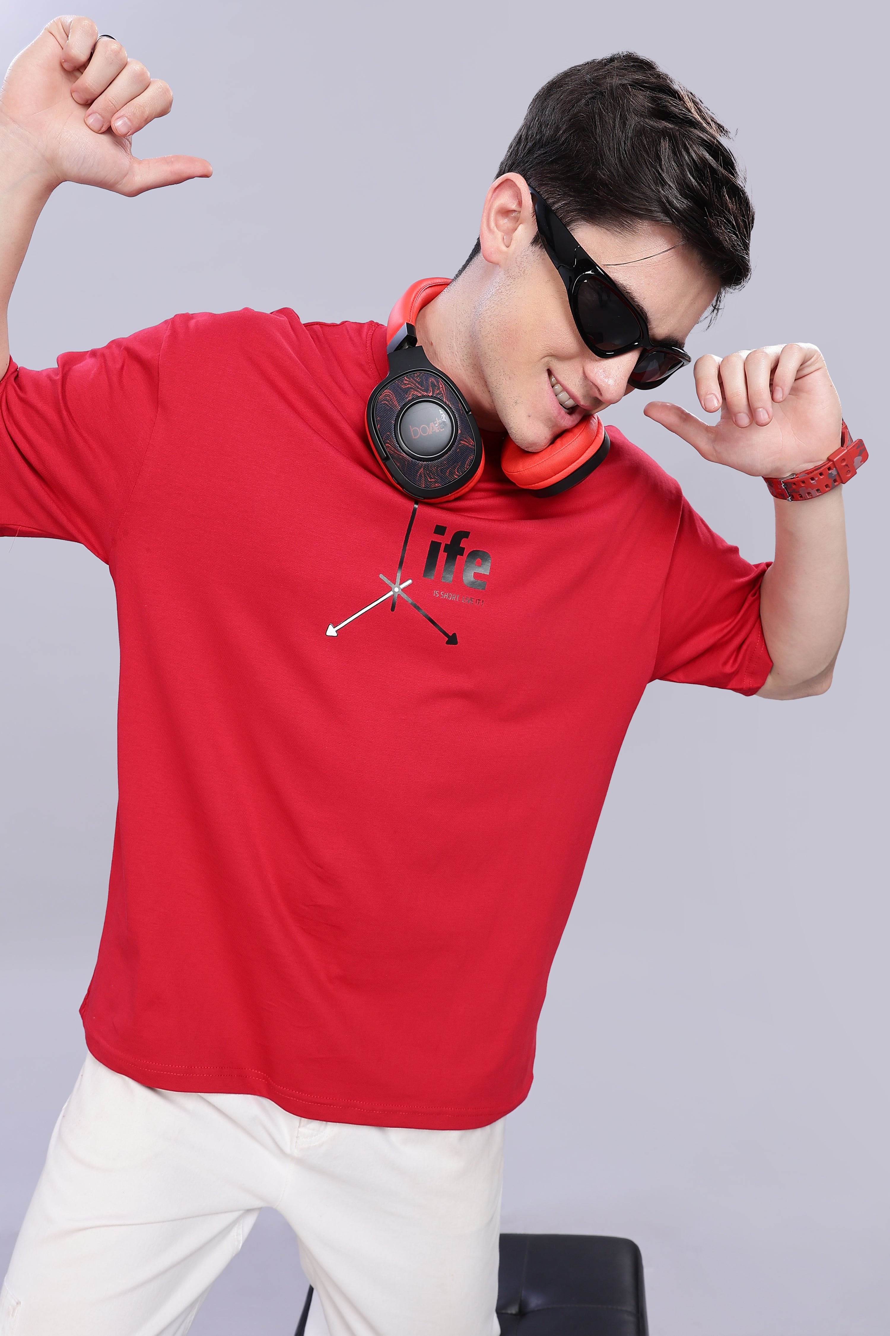 Spice Wardrobe Men Half Sleeve  Oversized T-shirt, Round Neck Longline Drop Shoulder | Red Printed Relaxed Fit T-Shirt Cotton 180 GSM Fabric