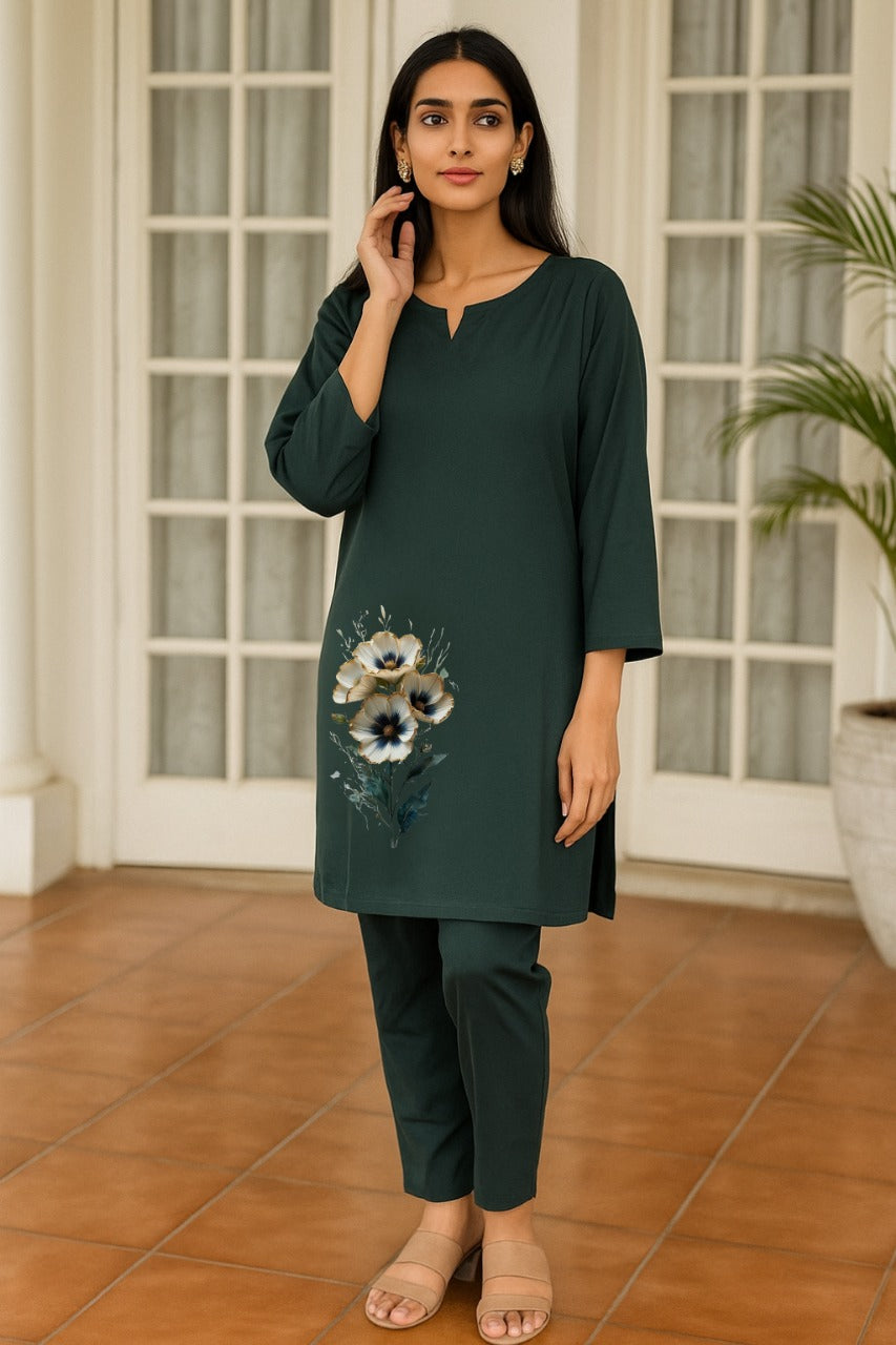 Spice Wardrobe - Women's Bottle Green Ethnic Co-Ord Set | Premium 100% Cotton | Rich Ultra Soft Fabric | Solid Color Printed