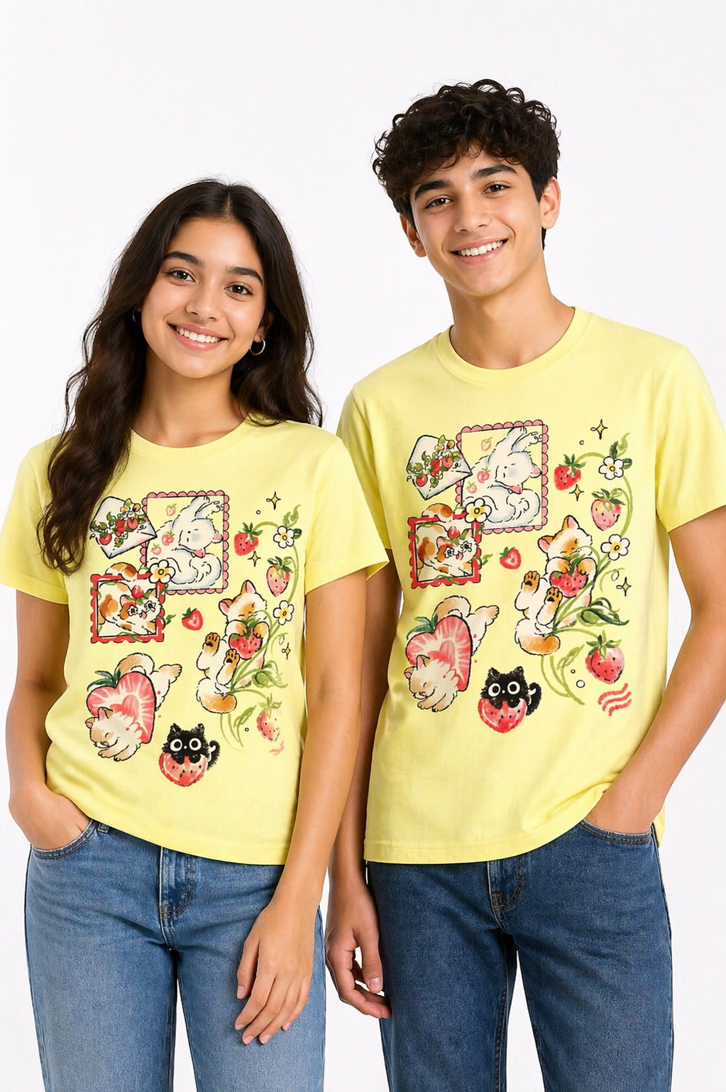 Unisex Cute Cat and Strawberry Graphic Print Pure Cotton T-Shirt