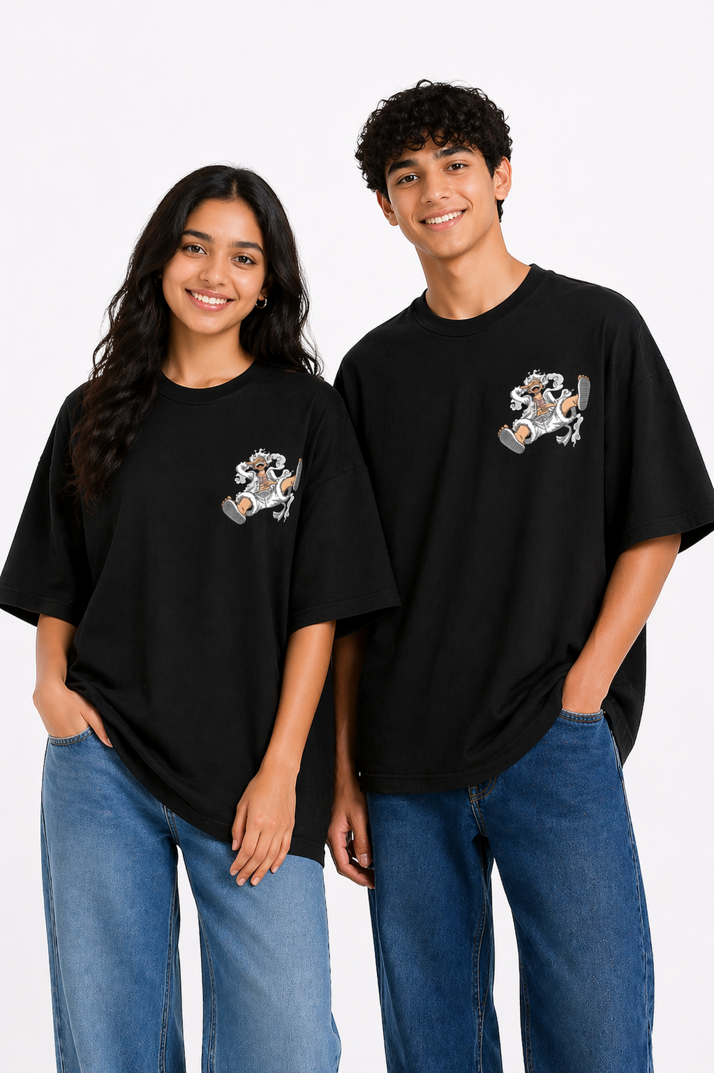 Unisex Black Oversized Luffy Graphic Print Pure Cotton T-Shirt