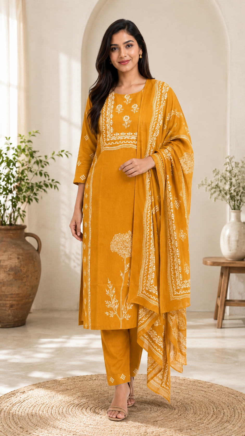 Spice Wardrobe Elegant Yellow Printed Cotton Suit