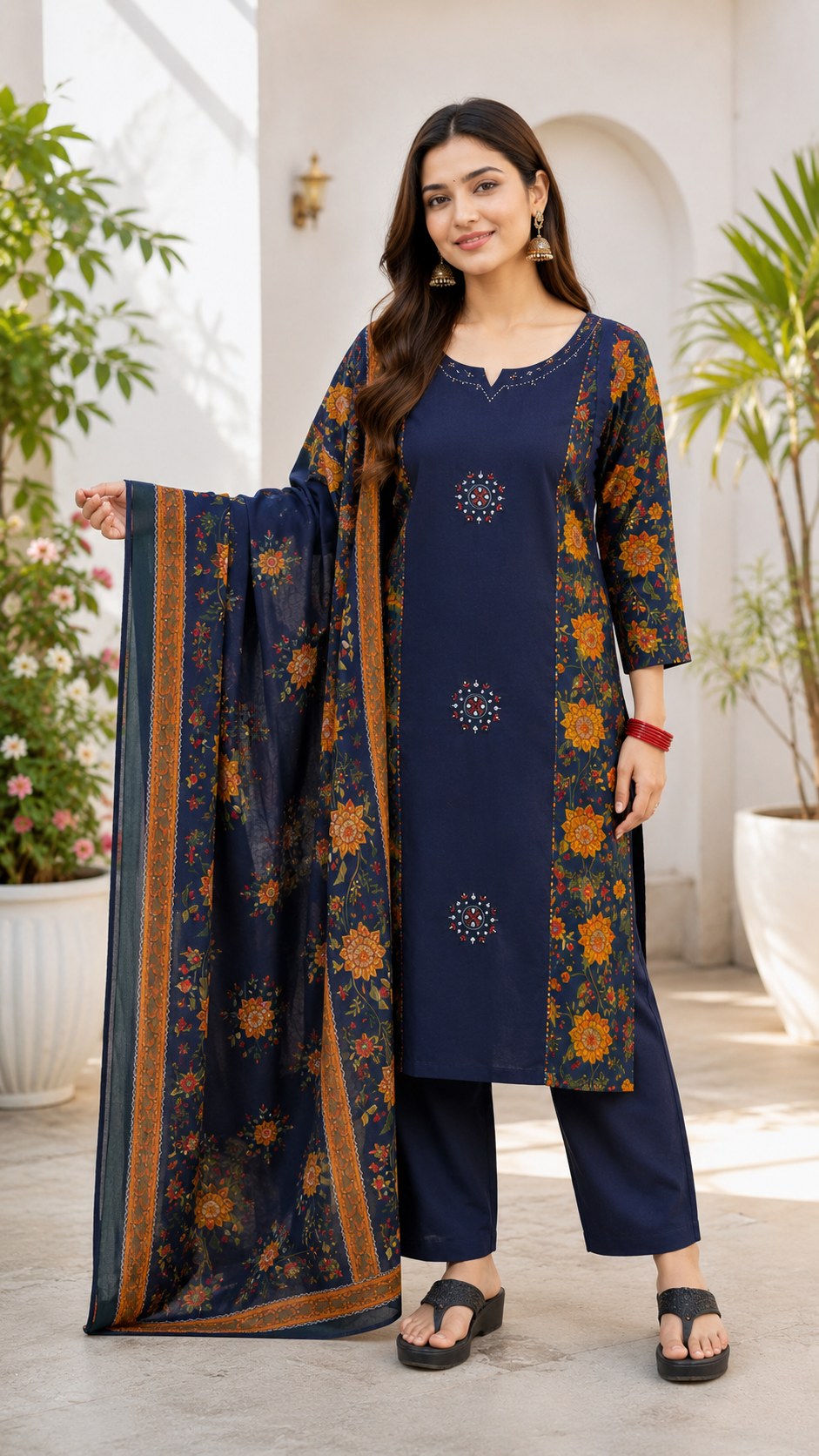 Spice Wardrobe Elegant Peacock Blue Cotton Printed Suit