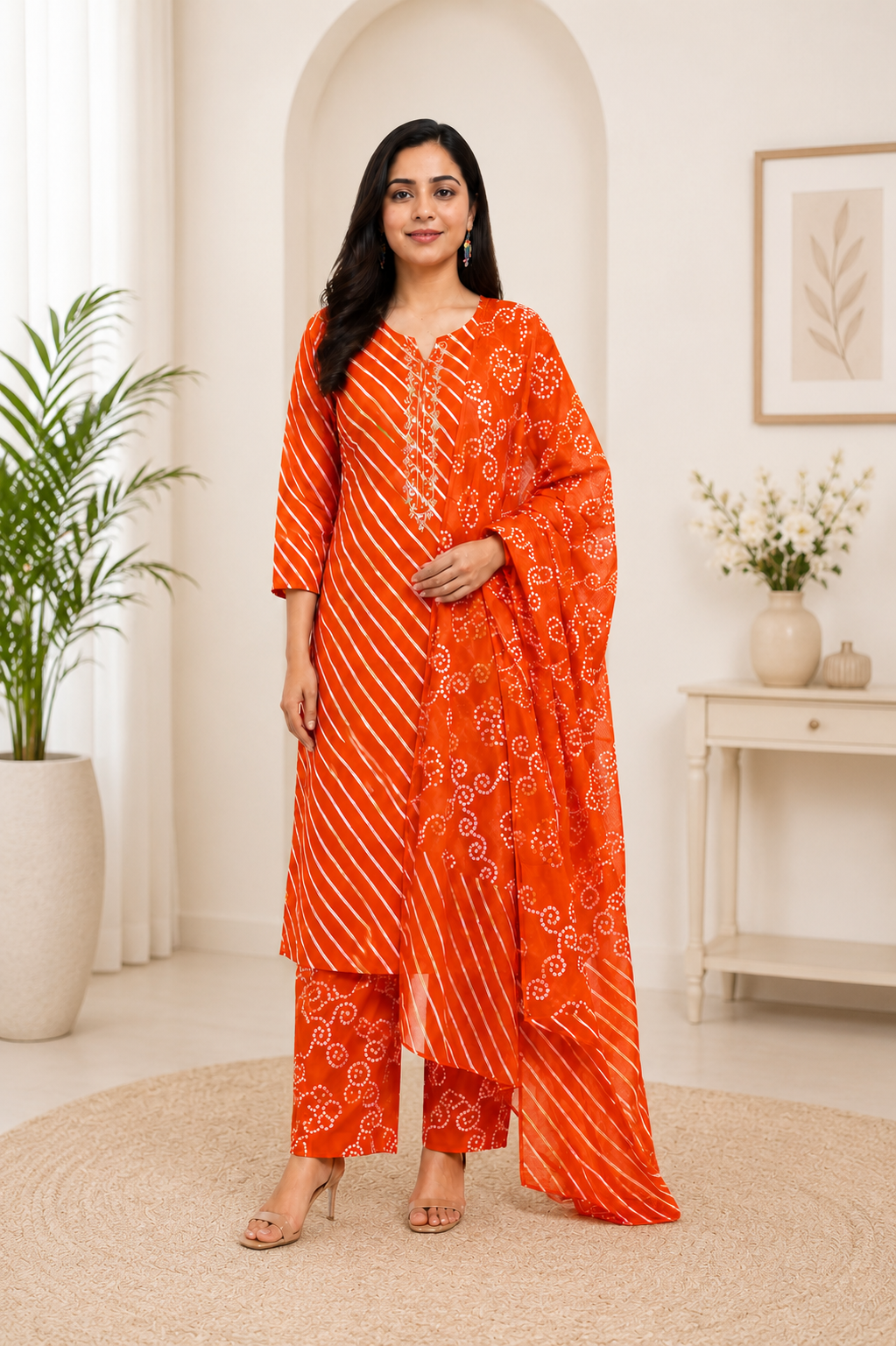 Spice Wardrobe Elegant Orange Cotton Printed Suit