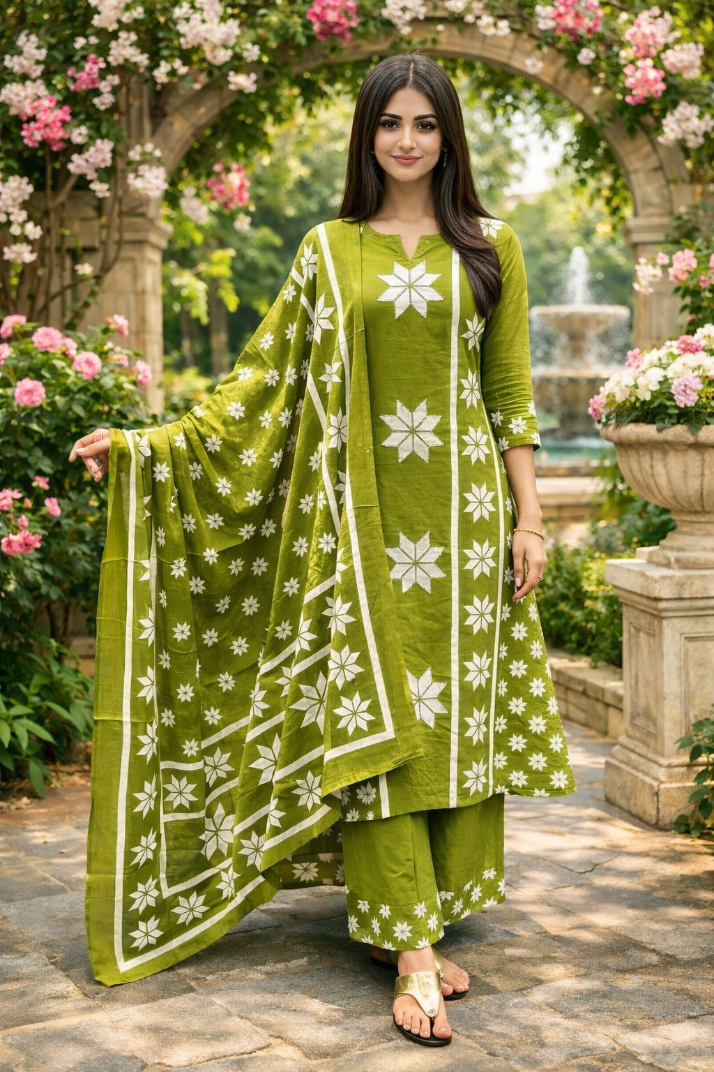 Spice Wardrobe Elegant Lush Green Printed Cotton Suit