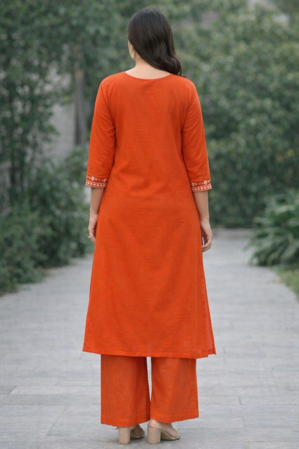 Spice Wardrobe Elegant Orange Printed Cotton Suit