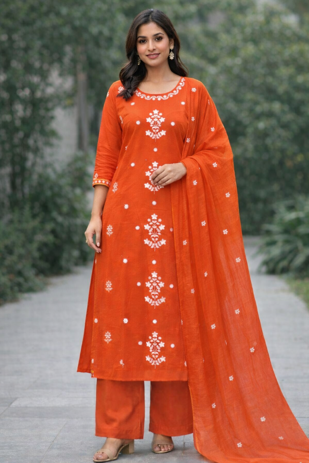 Spice Wardrobe Elegant Orange Printed Cotton Suit