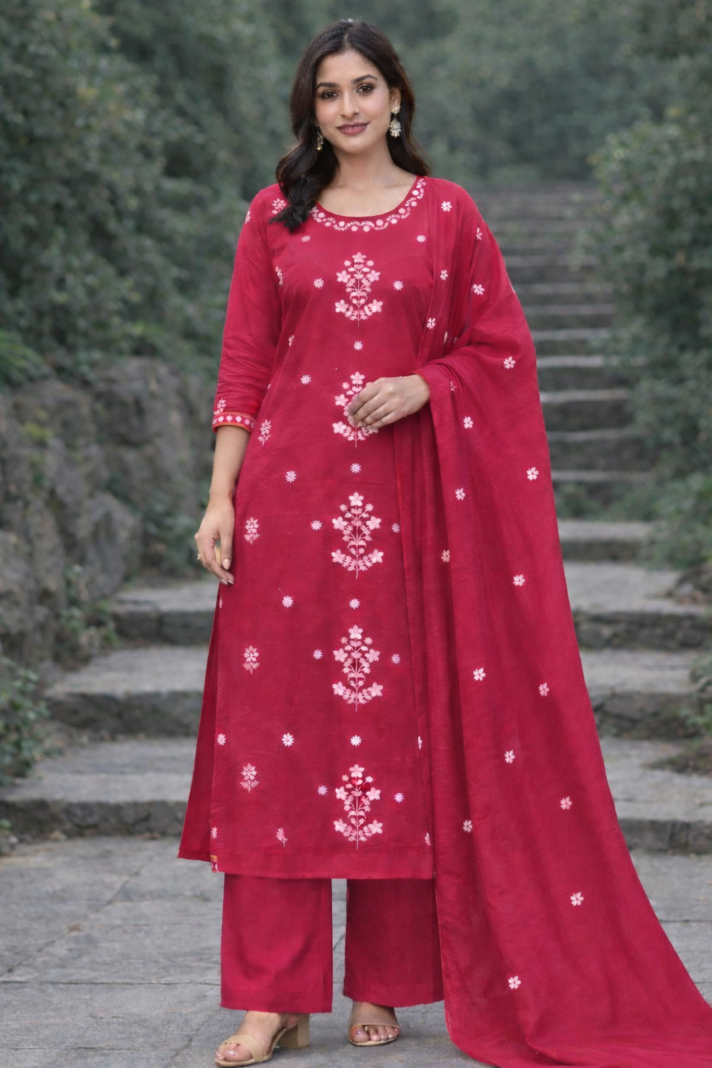 Spice Wardrobe Elegant Magenta Pink Printed Cotton Suit