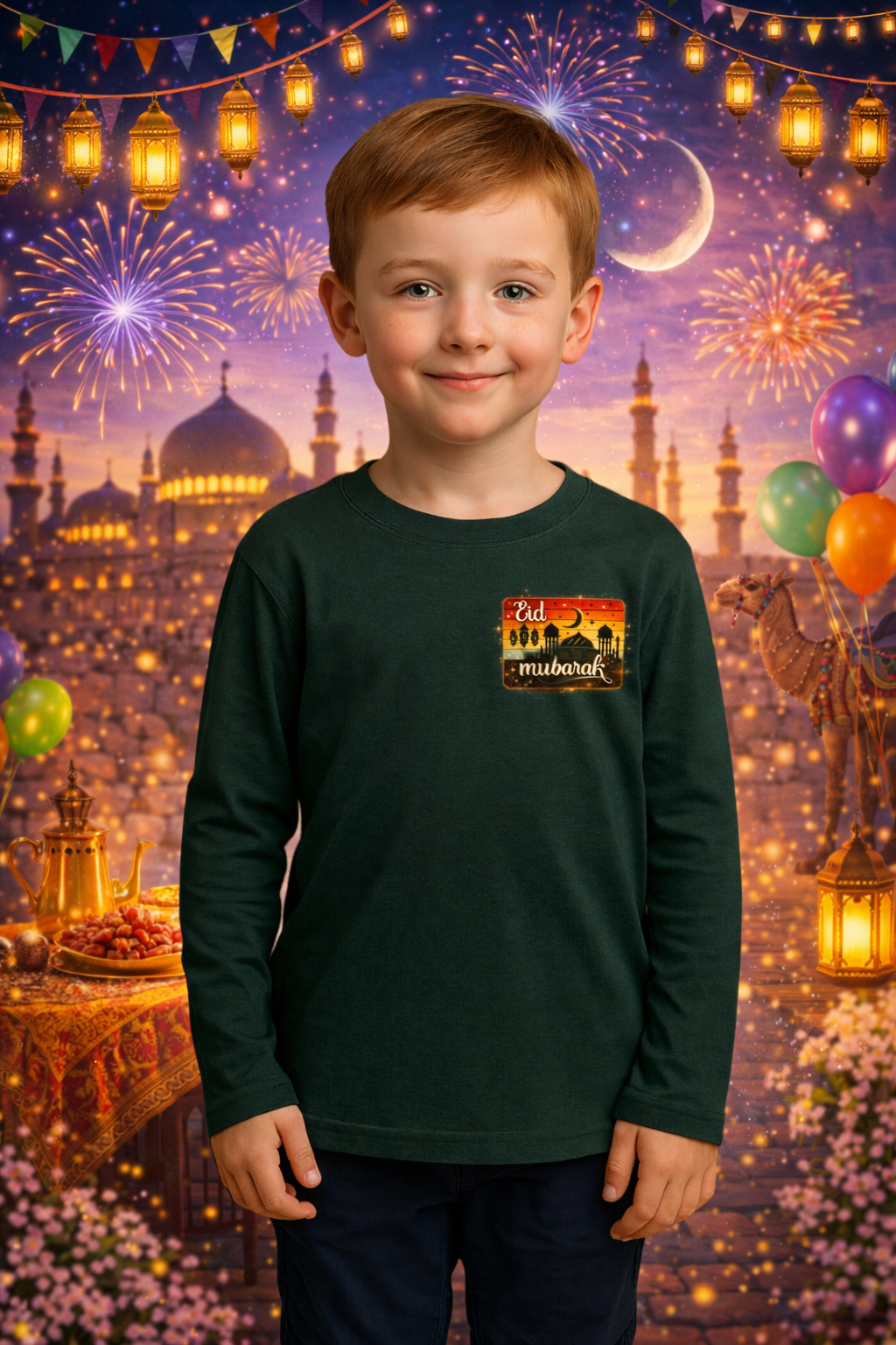 Eid Special T-Shirt for Kids, Bottle Green, Colorful Print, Festival Wear
