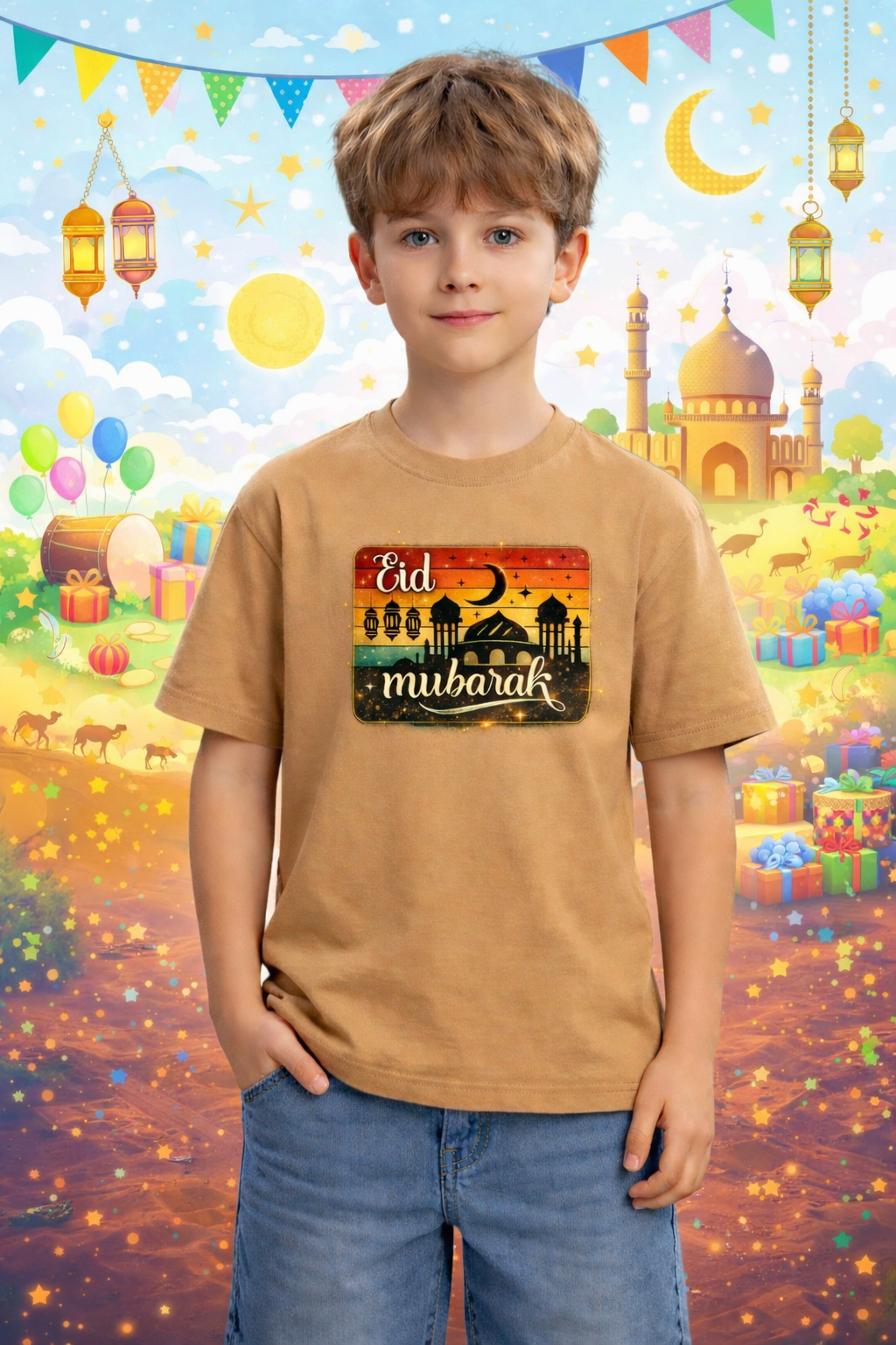 Eid Special T-Shirt for Kids, Beige, Colorful Print, Festival Wear