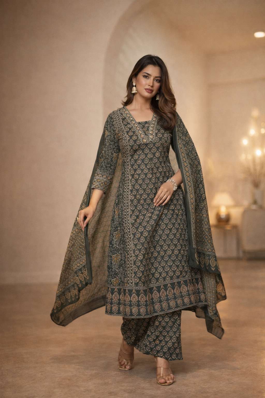 Spice Wardrobe Elegant Green Printed Cotton Suit