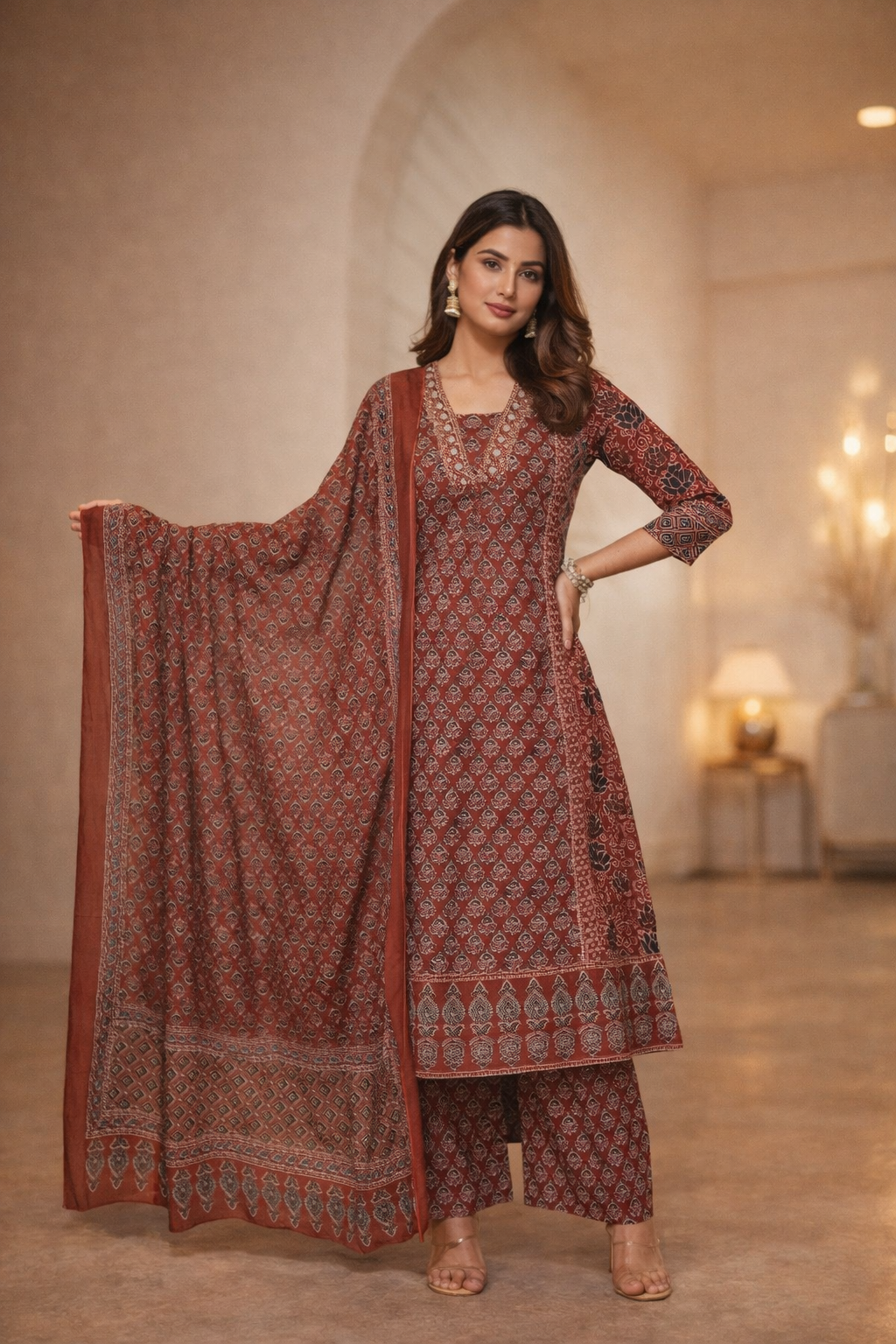 Spice Wardrobe Elegant Maroon Printed Cotton Suit
