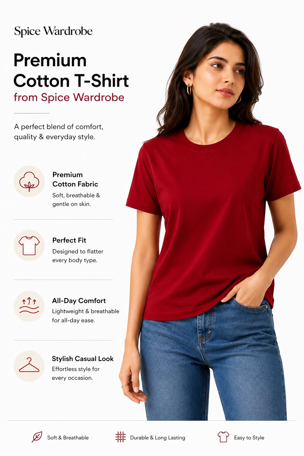 Spice Wardrobe Plain Cotton Women T-Shirt