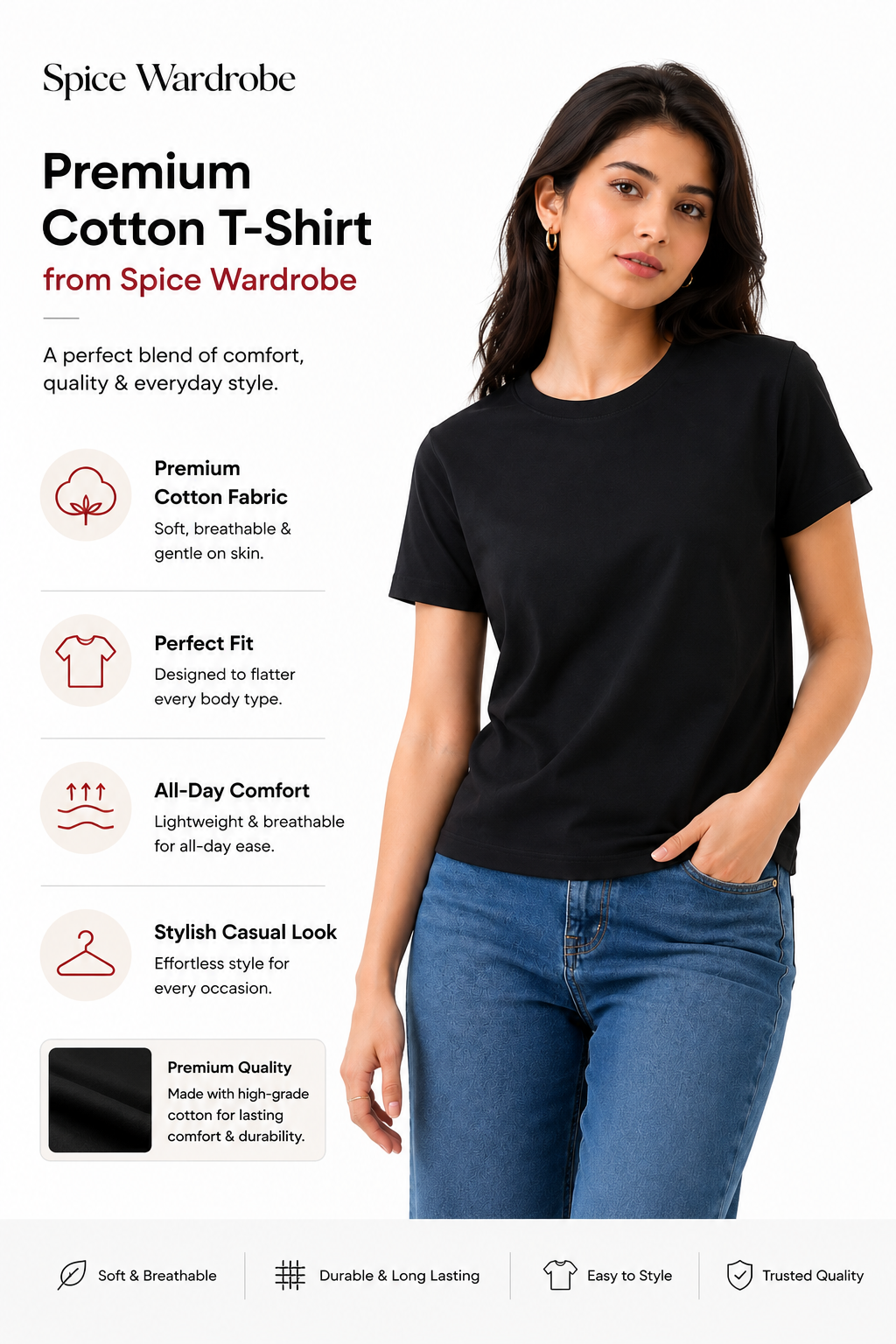 Spice Wardrobe Plain Cotton Women T-Shirt