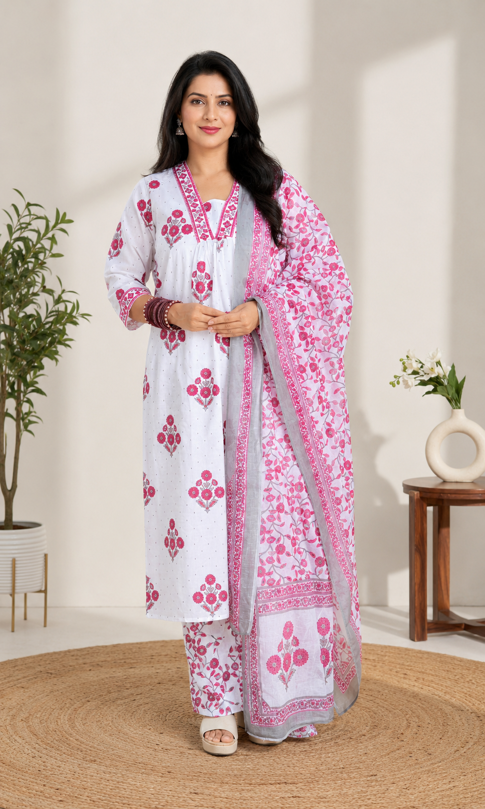 Spice Wardrobe Elegant Pink and White Printed Cotton Suit