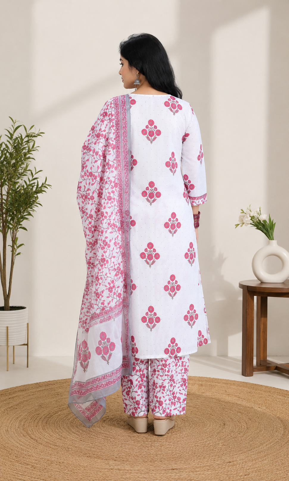 Spice Wardrobe Elegant Pink and White Printed Cotton Suit