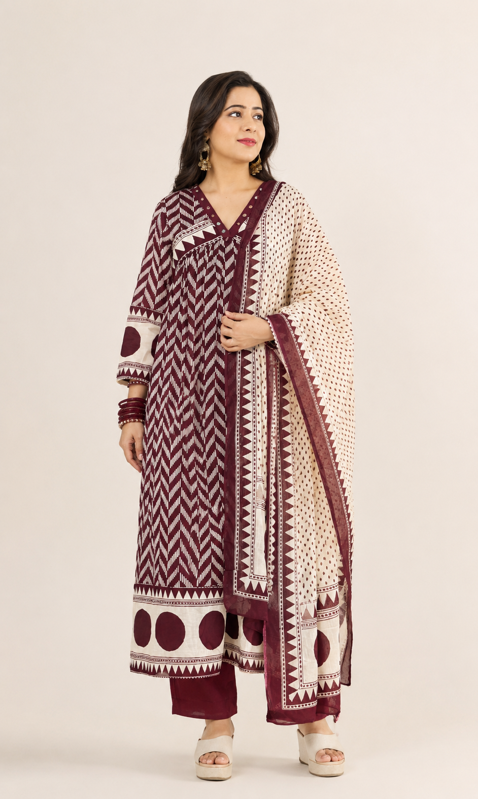 Spice Wardrobe Elegant Maroon and White Cotton Suit