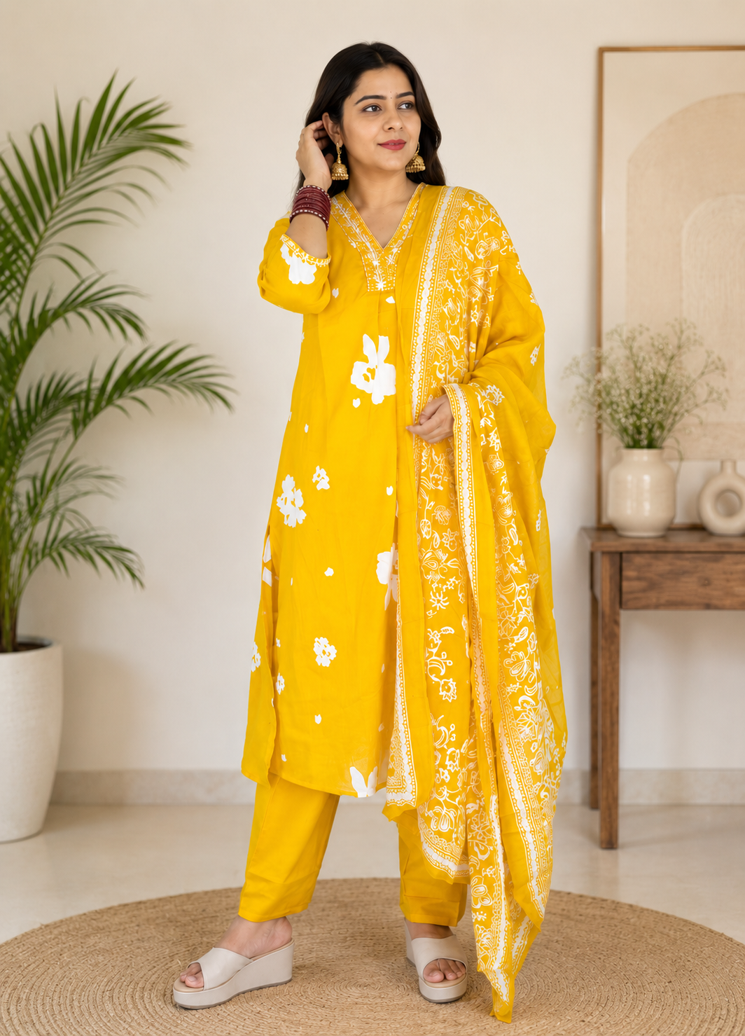 Spice Wardrobe Elegant Yellow and White Cotton Suit