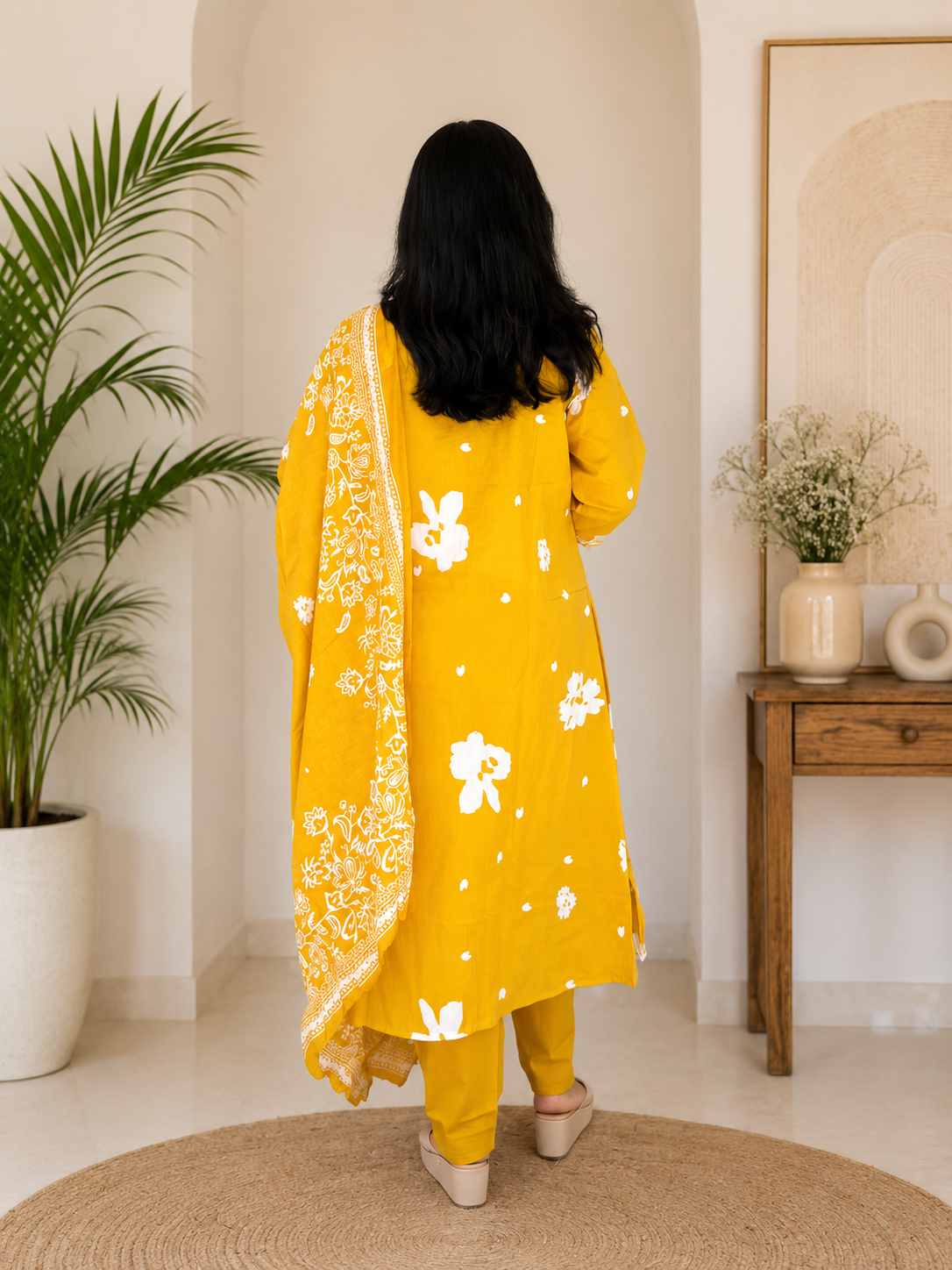 Spice Wardrobe Elegant Yellow and White Cotton Suit