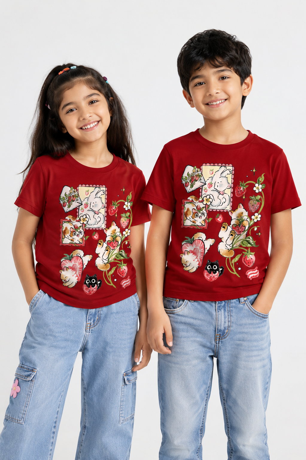 Kids Pure Cotton Red Cats Graphic Print T-Shirt