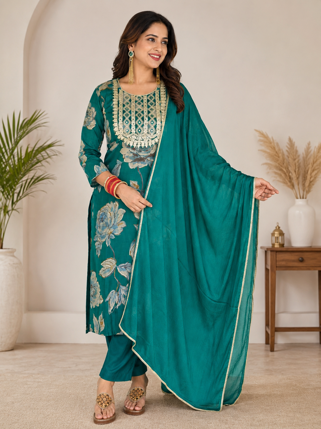 Spice Wardrobe Elegant Turquoise Printed Cotton Suit