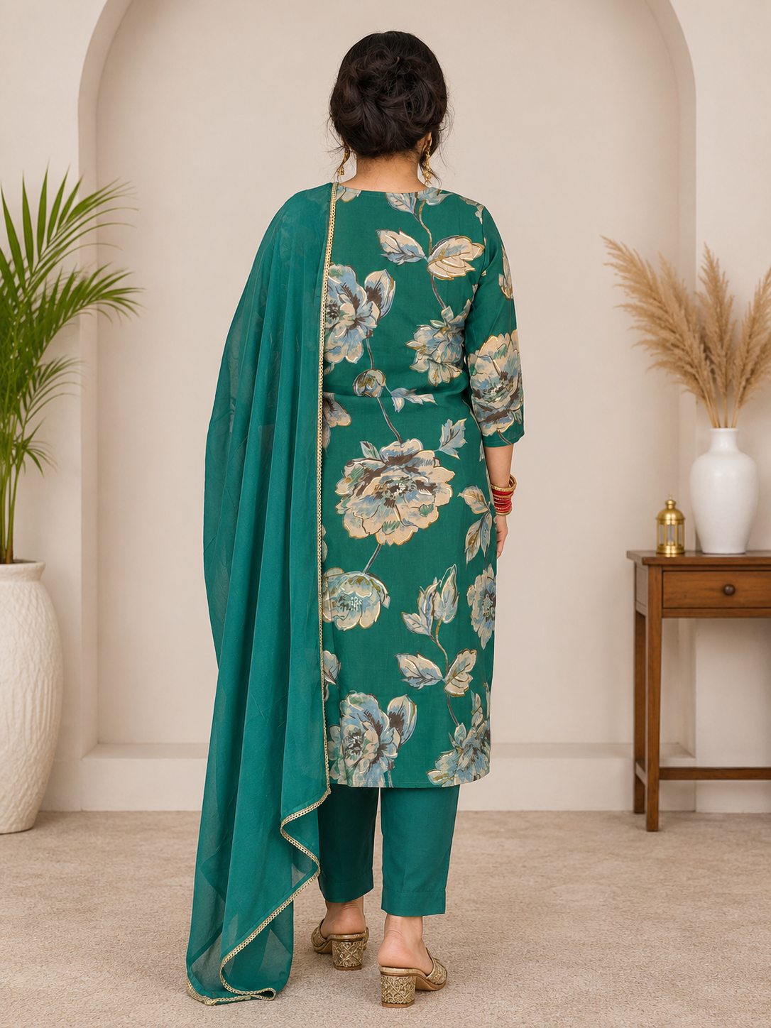 Spice Wardrobe Elegant Turquoise Printed Cotton Suit