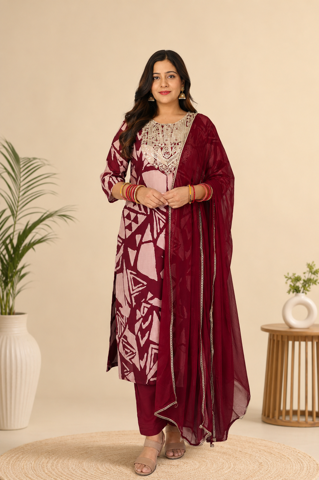 Spice Wardrobe Elegant Dark Red Printed Cotton Suit
