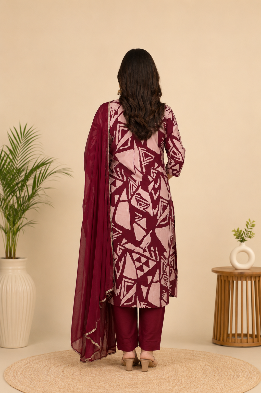 Spice Wardrobe Elegant Dark Red Printed Cotton Suit