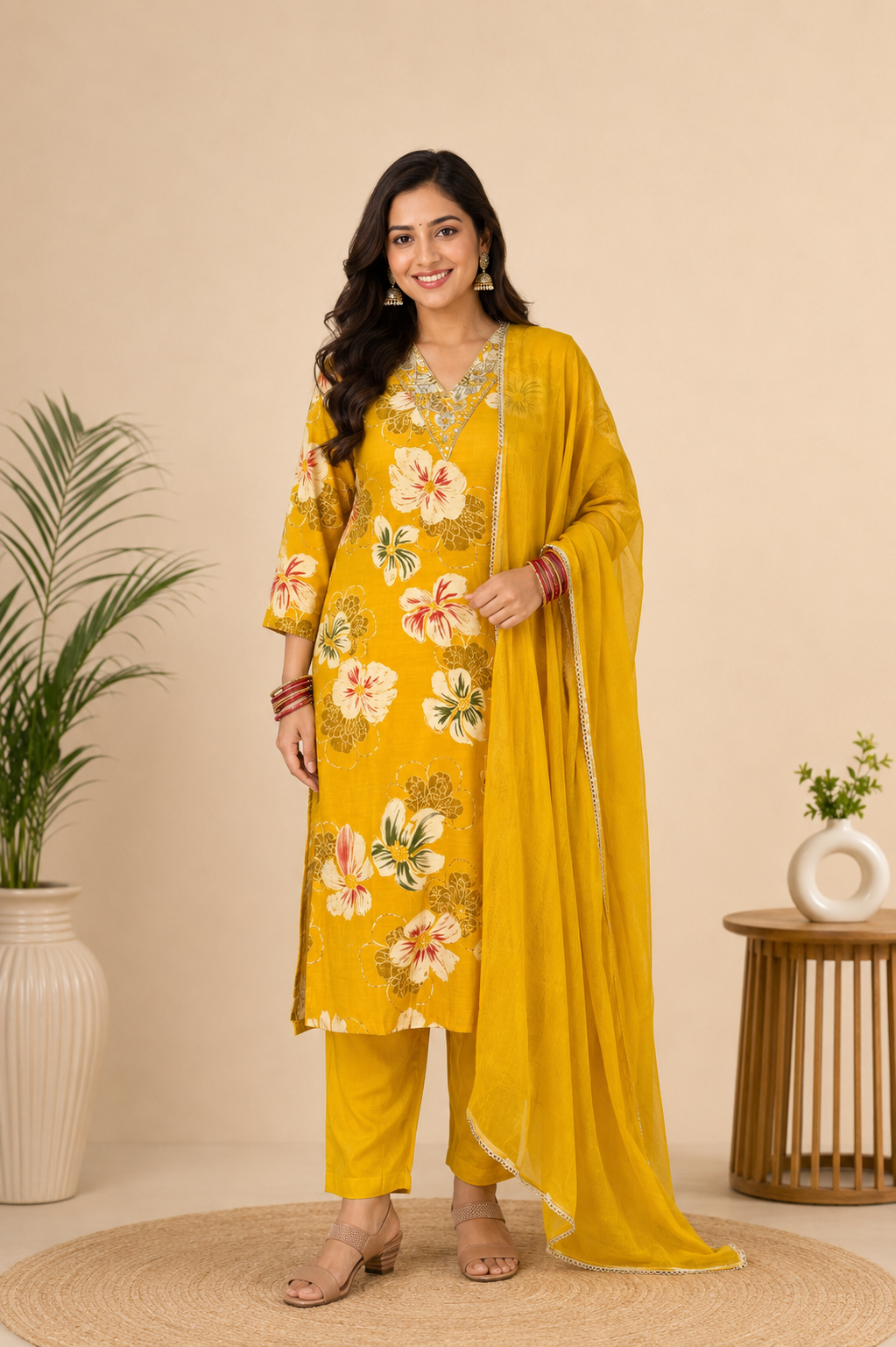 Spice Wardrobe Elegant YellowPrinted Cotton Suit