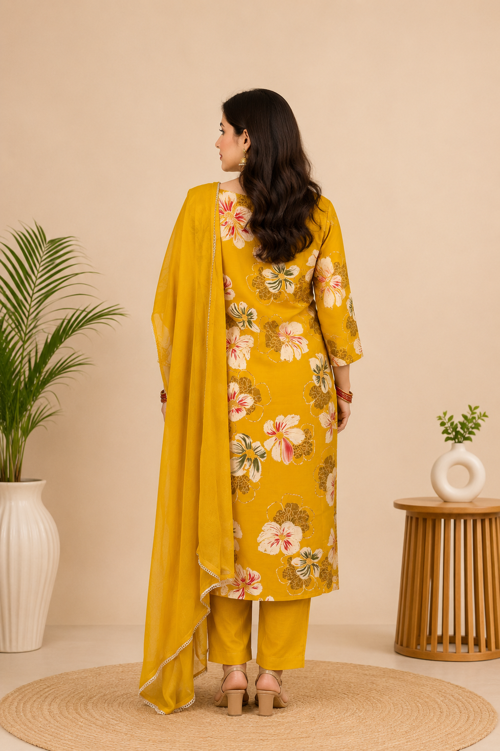 Spice Wardrobe Elegant YellowPrinted Cotton Suit