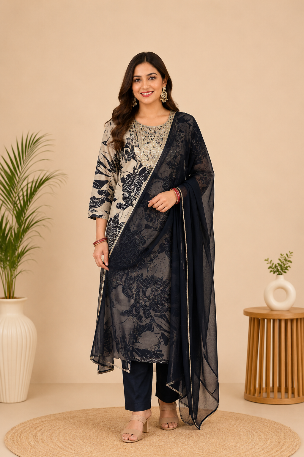 Spice Wardrobe Elegant Blue and White Printed Cotton Suit