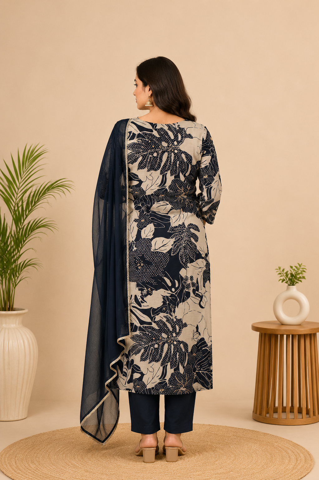 Spice Wardrobe Elegant Blue and White Printed Cotton Suit