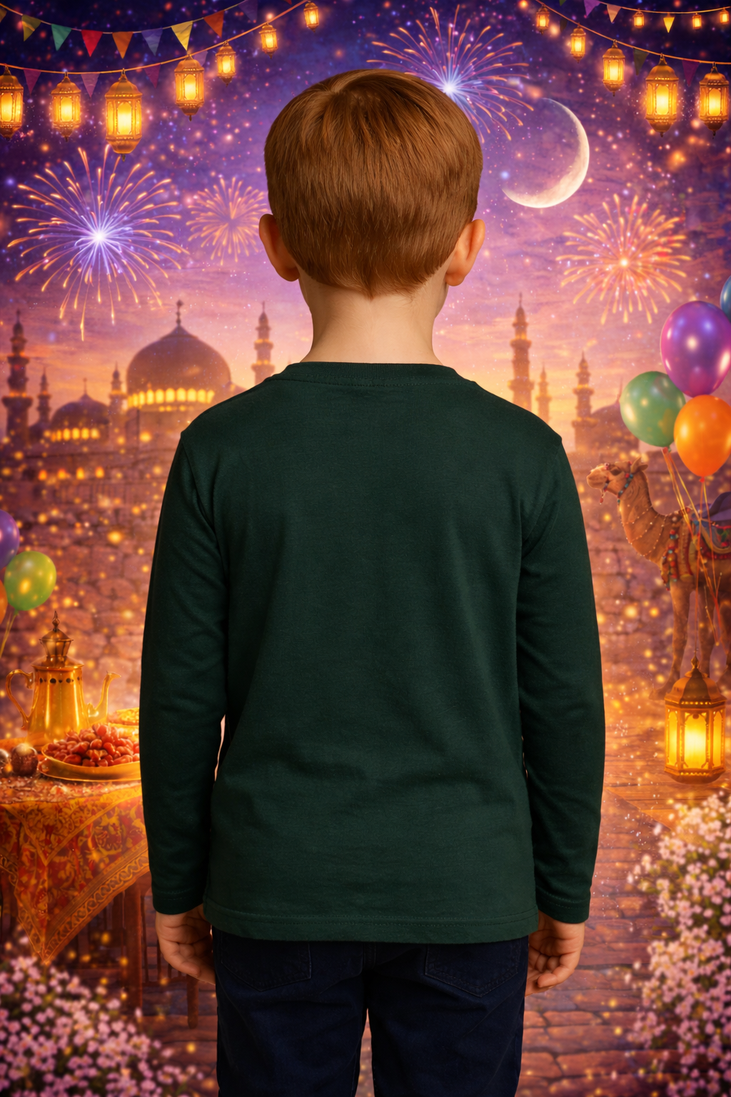 Eid Special T-Shirt for Kids, Bottle Green, Colorful Print, Festival Wear