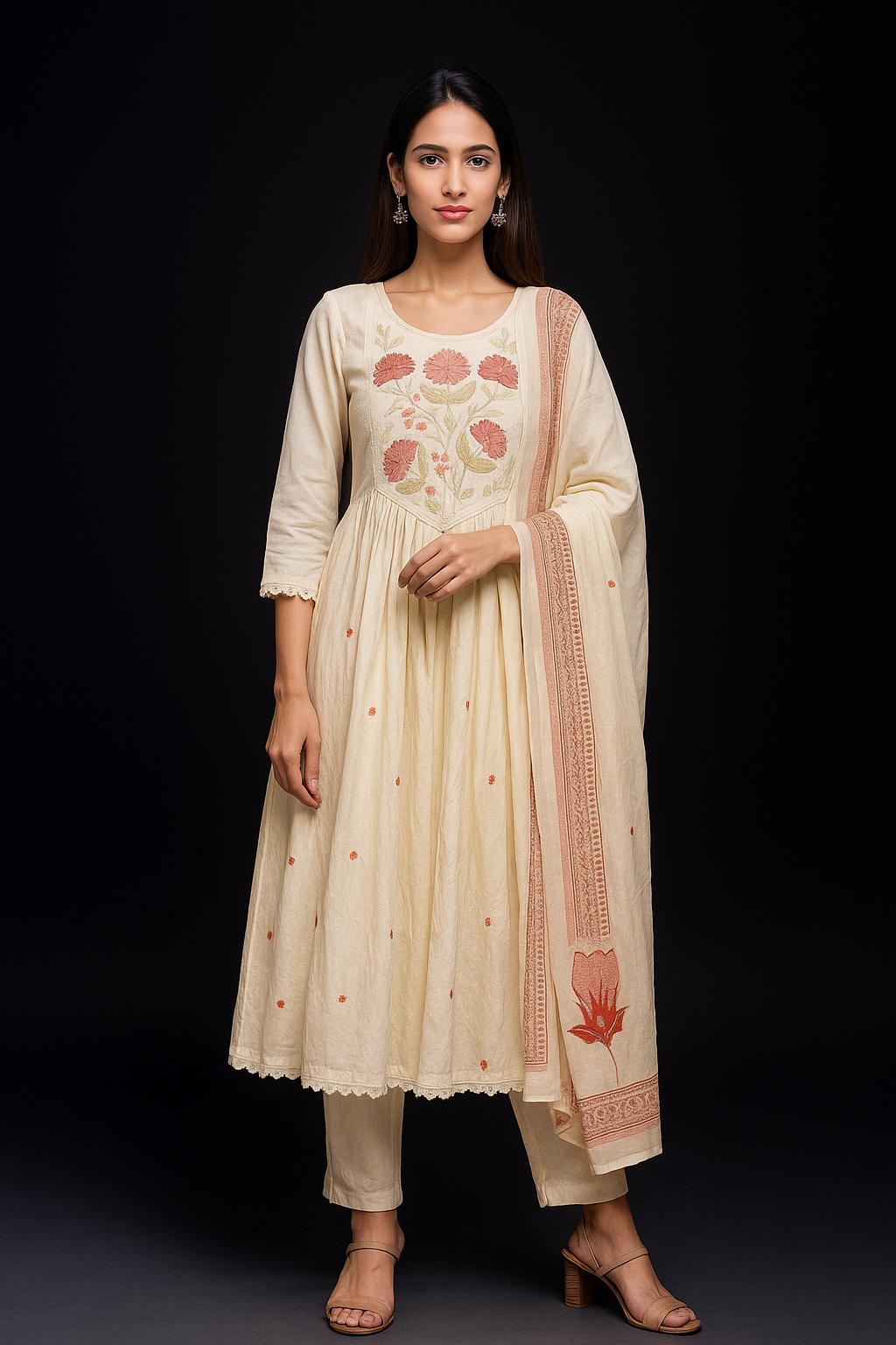 Spice Wardrobe Elegant Cotton Ethnic Suit Set with Floral Embroidery, Cream with Orange, 3/4 Sleeves, Dupatta and Pants