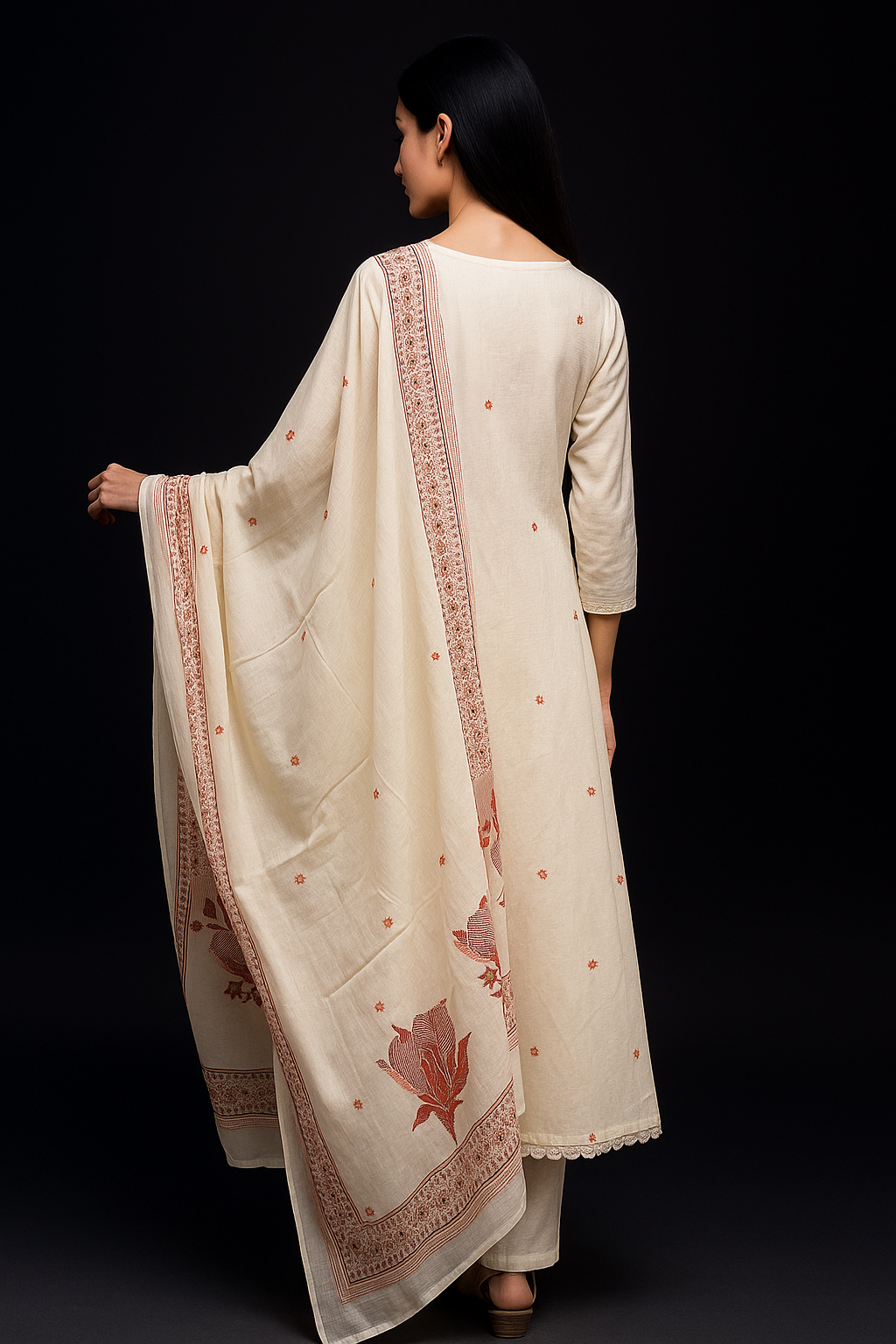 Spice Wardrobe Elegant Cotton Ethnic Suit Set with Floral Embroidery, Cream with Orange, 3/4 Sleeves, Dupatta and Pants