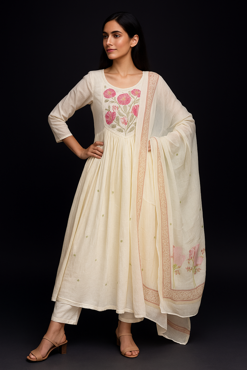 Spice Wardrobe Elegant Cotton Ethnic Suit Set with Floral Embroidery, Cream with Coral Pink, 3/4 Sleeves, Dupatta and Pants