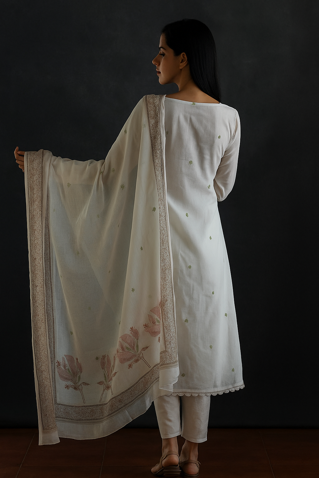 Spice Wardrobe Elegant Cotton Ethnic Suit Set with Floral Embroidery, Cream with Coral Pink, 3/4 Sleeves, Dupatta and Pants