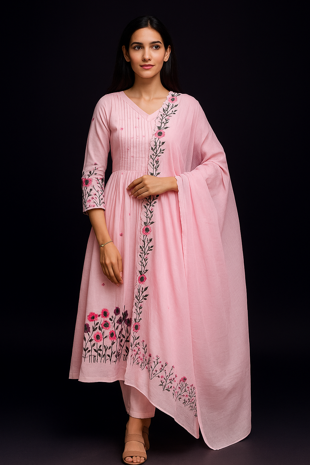 Spice Wardrobe Elegant Cotton Ethnic Suit Set with Floral Embroidery, Pink, 3/4 Sleeves, Dupatta and Pants