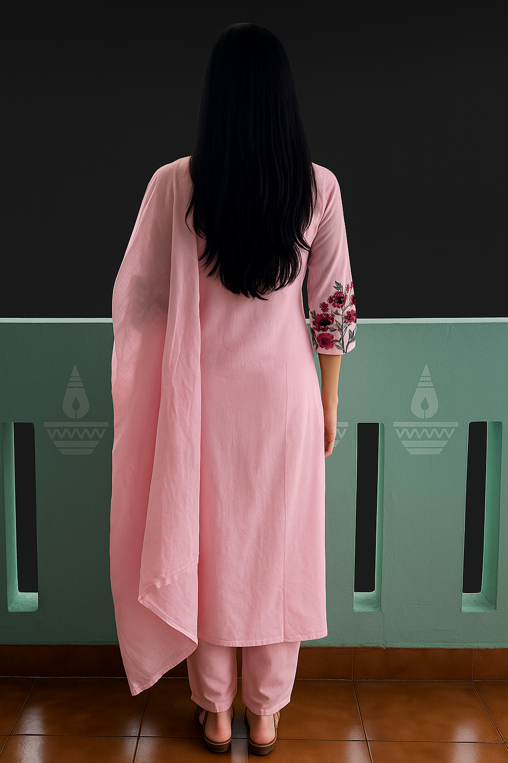 Spice Wardrobe Elegant Cotton Ethnic Suit Set with Floral Embroidery, Pink, 3/4 Sleeves, Dupatta and Pants