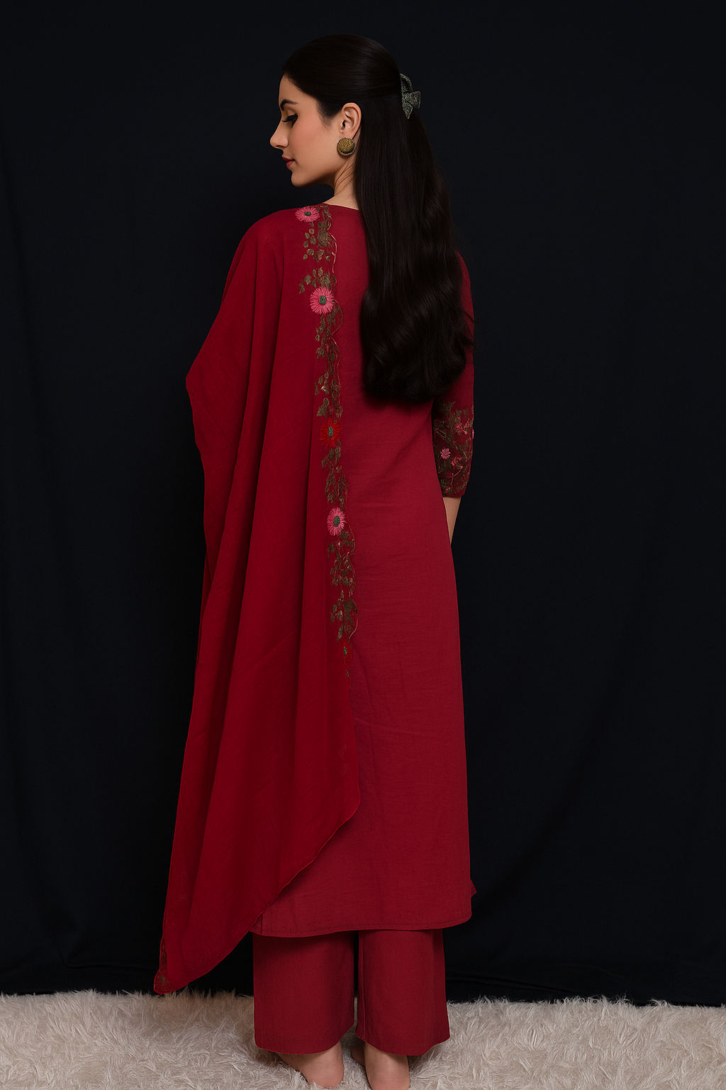 Spice Wardrobe Elegant Cotton Ethnic Suit Set with Floral Embroidery, Maroon, 3/4 Sleeves, Dupatta and Pants