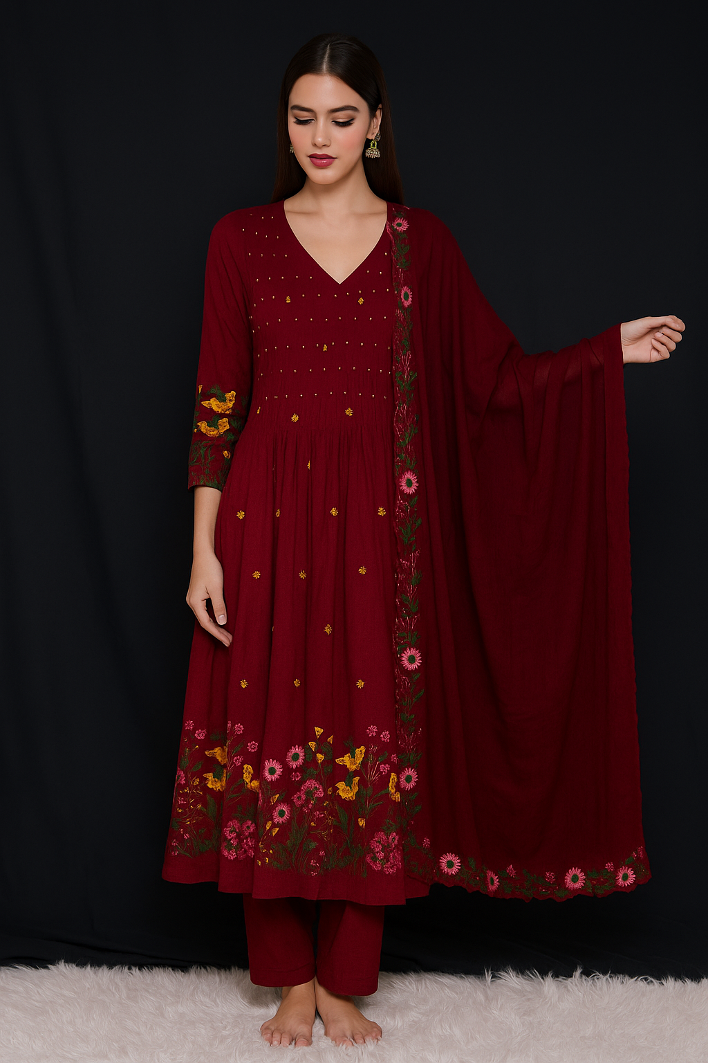 Spice Wardrobe Elegant Cotton Ethnic Suit Set with Floral Embroidery, Maroon, 3/4 Sleeves, Dupatta and Pants