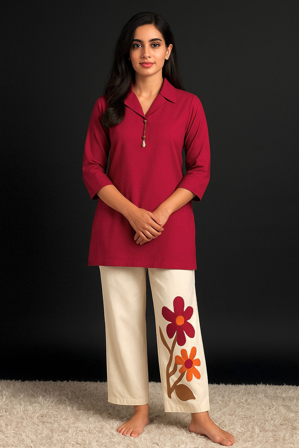 Spice Wardrobe Elegant Cotton Ethnic Suit Set with Floral Embroidery, Cream with red, 3/4 Sleeves,