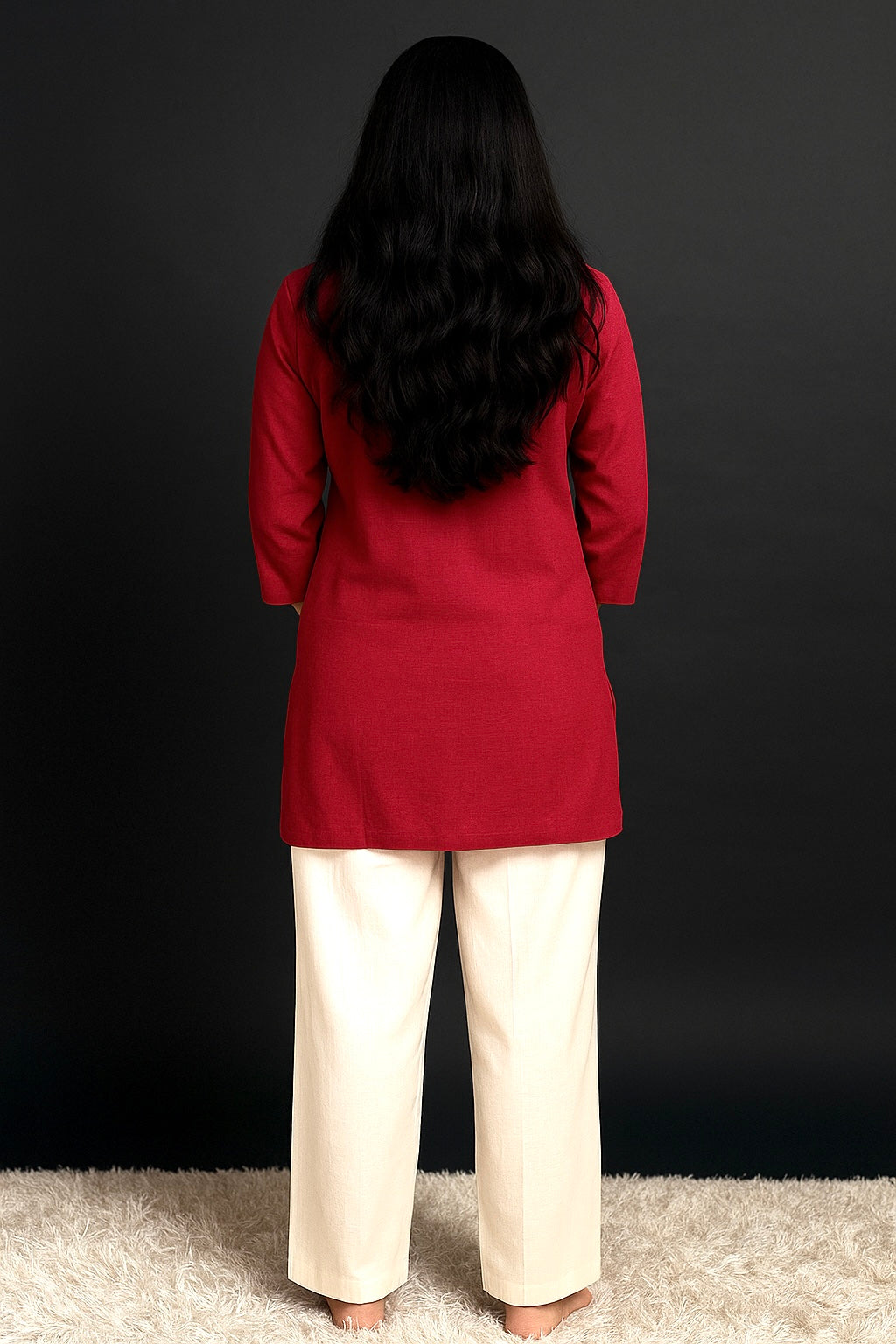 Spice Wardrobe Elegant Cotton Ethnic Suit Set with Floral Embroidery, Cream with red, 3/4 Sleeves,