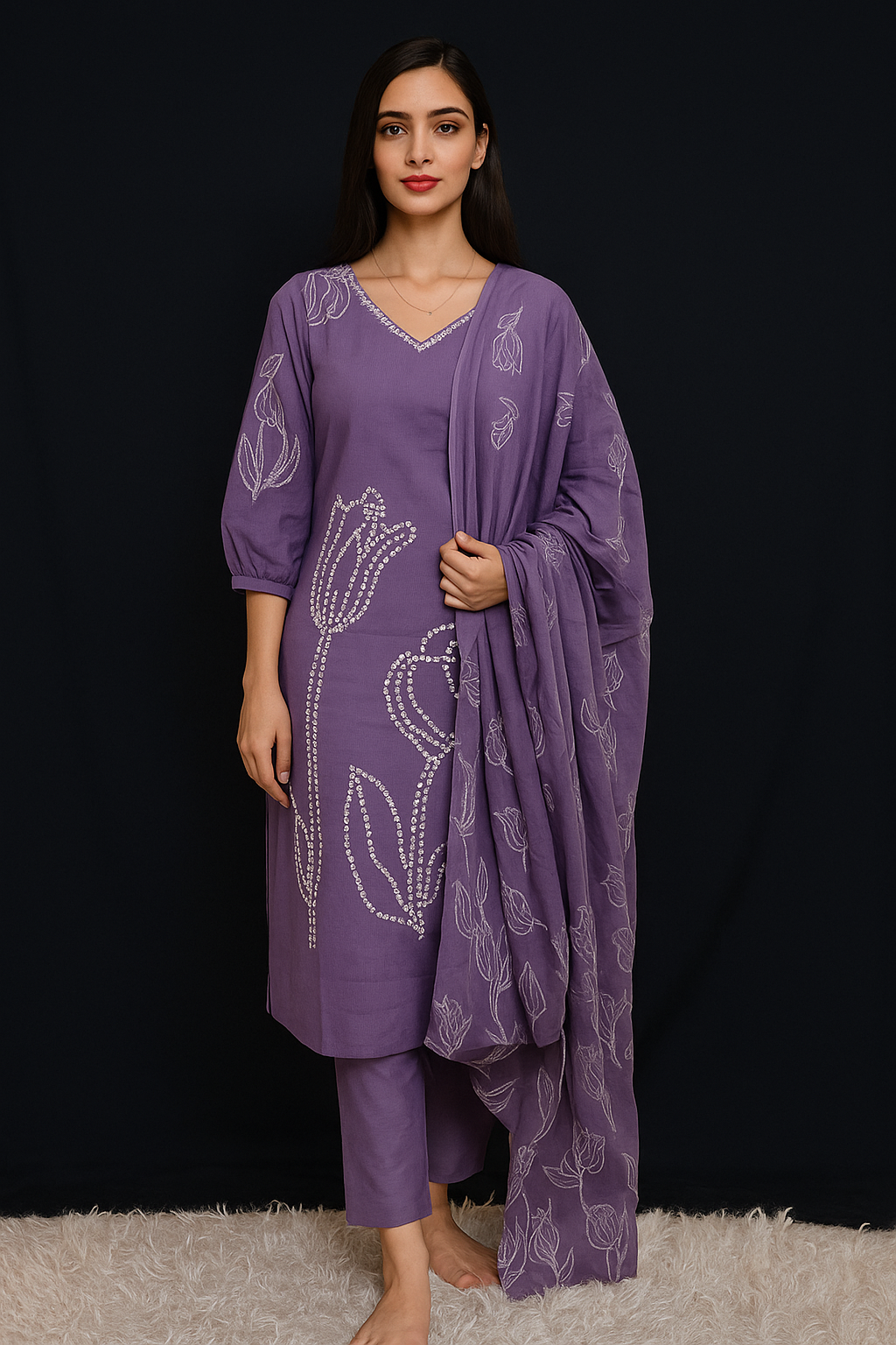 Spice Wardrobe Elegant Cotton Ethnic Suit Set with Floral Embroidery, purple, 3/4 Sleeves, Dupatta and Pants